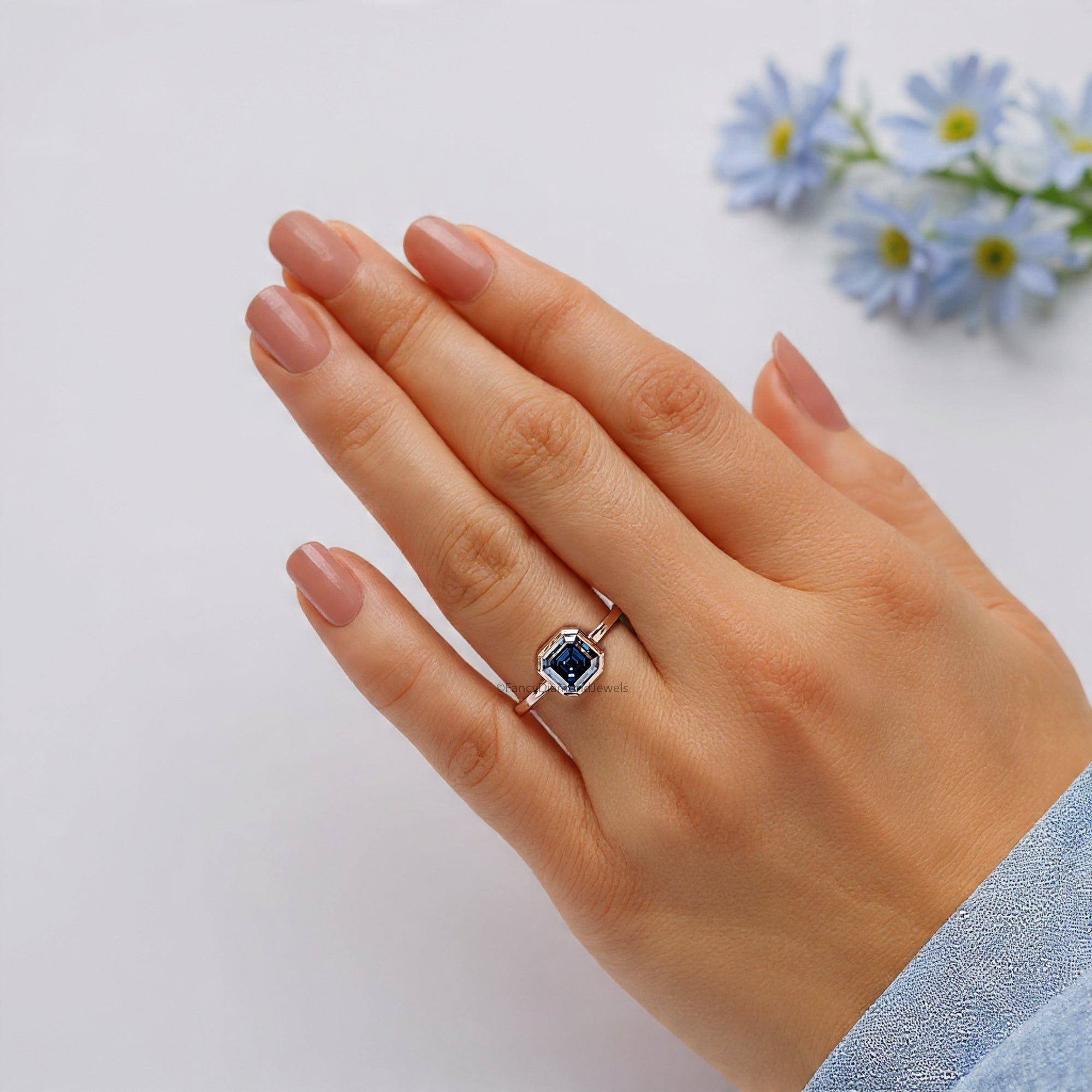 1.20 CT Radiant Moissanite Royal Blue Moissanite Ring Solitaire Engagement Ring Bezel Set Ring Rose Gold Ring Comfort Fit Ring For Her FD222