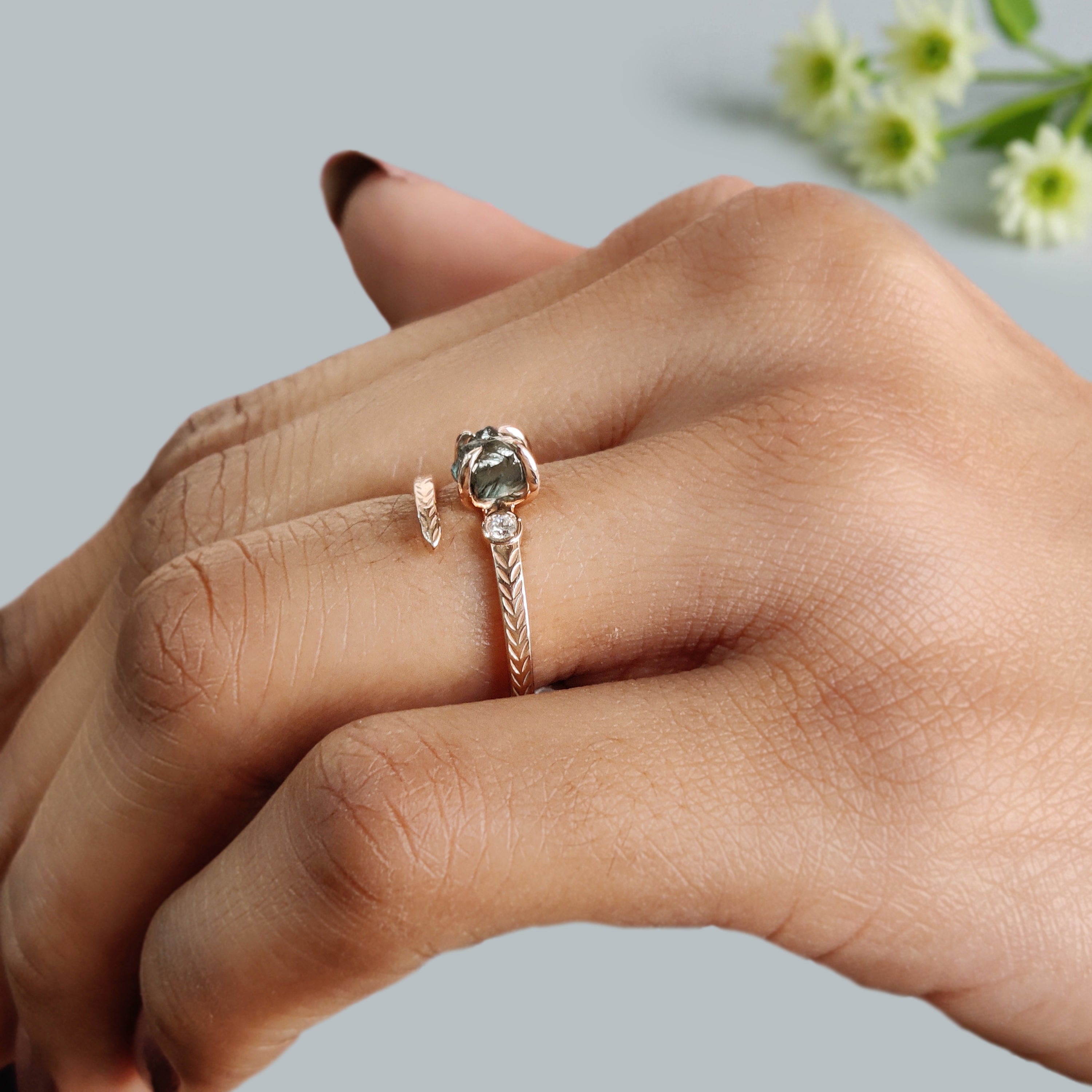 0.97 Ct Natural Rough Cut Blue Color Diamond Ring 5.63 MM Crystal Rough Diamond Ring 14K Solid Rose Gold Silver Engagement Ring KDL2347