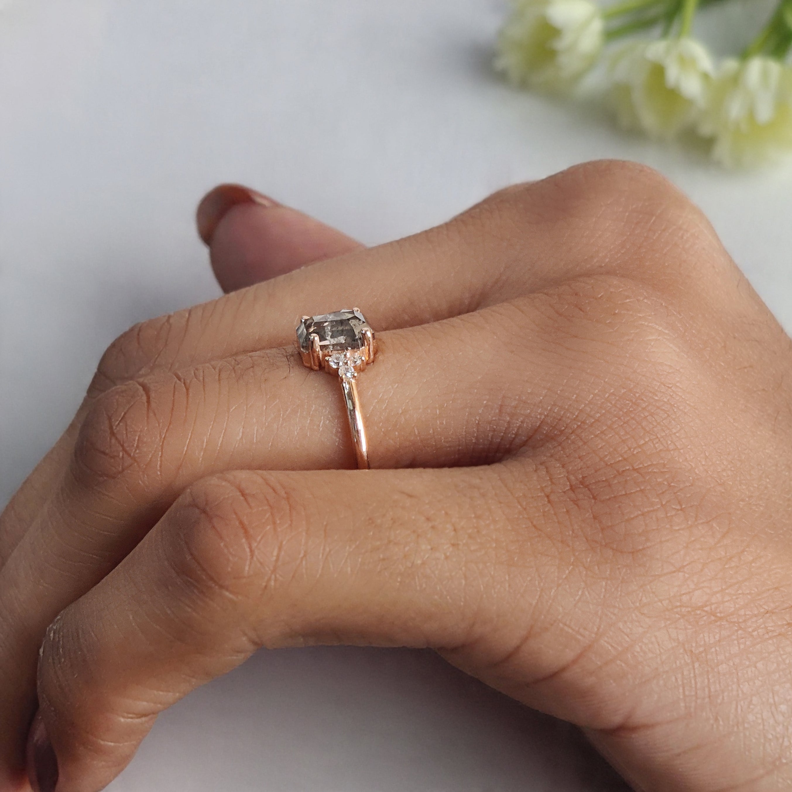 Coffin Cut Salt And Pepper Diamond Ring 1.11 Ct 6.80 MM Coffin Diamond Ring 14K Solid Rose Gold Silver Engagement Ring Gift For Her KDK2178