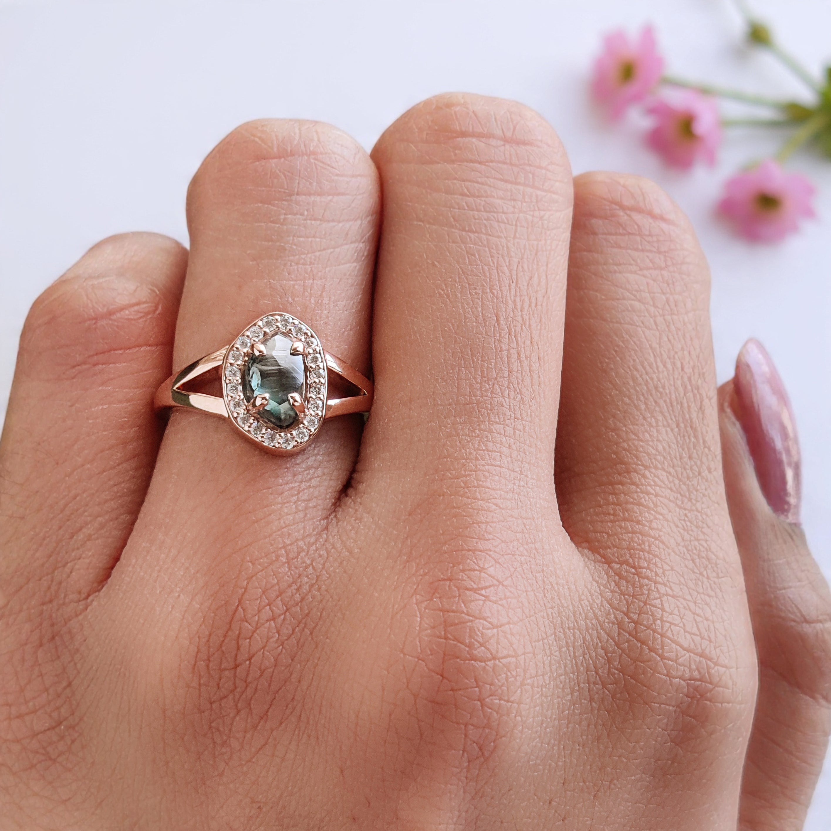 Rough Blue Color Diamond Ring 1.40 Ct 8.04 MM Crystal Rough Diamond Ring 14K Solid Rose Gold Silver Engagement Ring Gift For Her QL2295