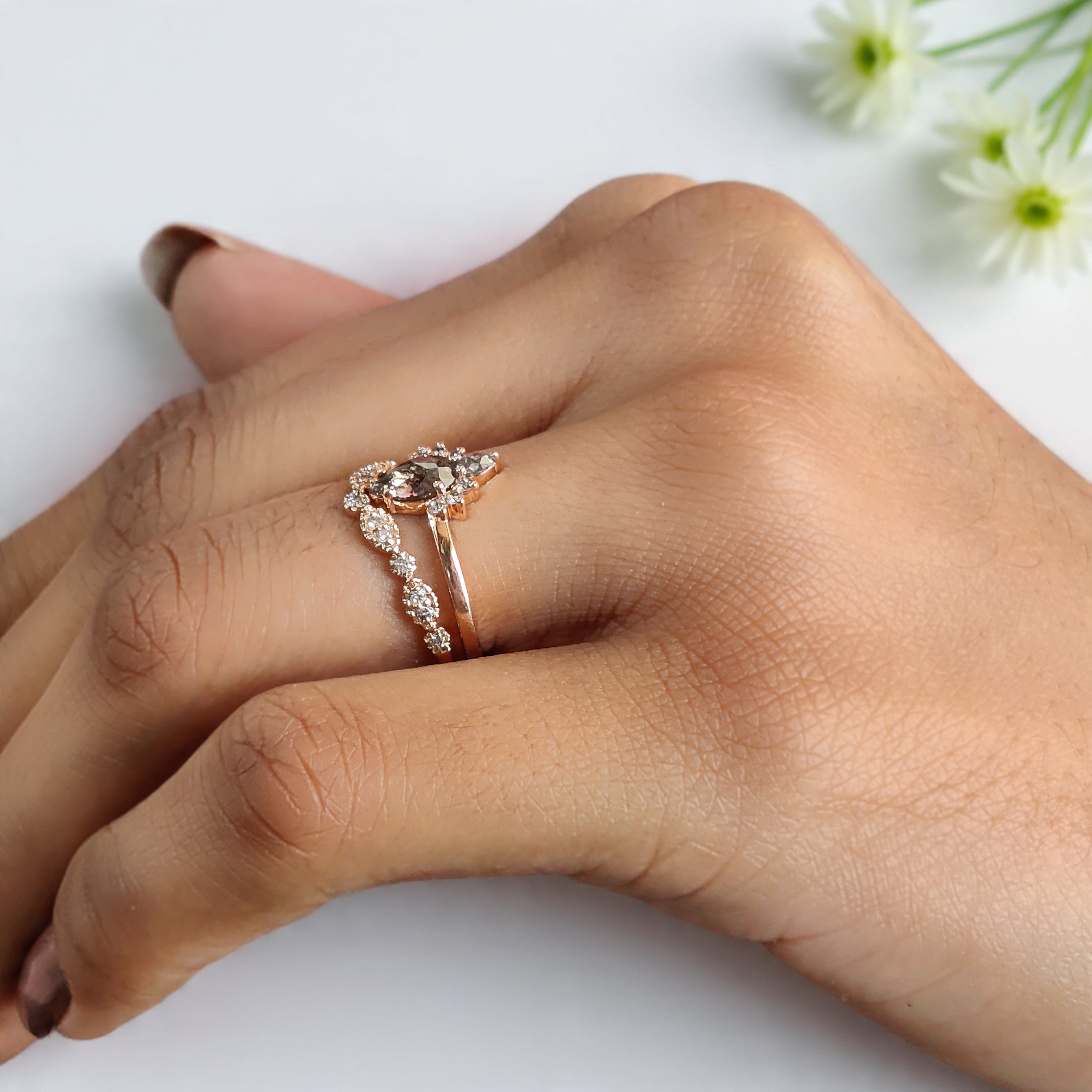 Pear Cut Salt And Pepper Diamond Ring 0.48 Ct 6.65 MM Pear Diamond Ring 14K Rose Gold Silver Pear Engagement Ring Set Gift For Her KDN976