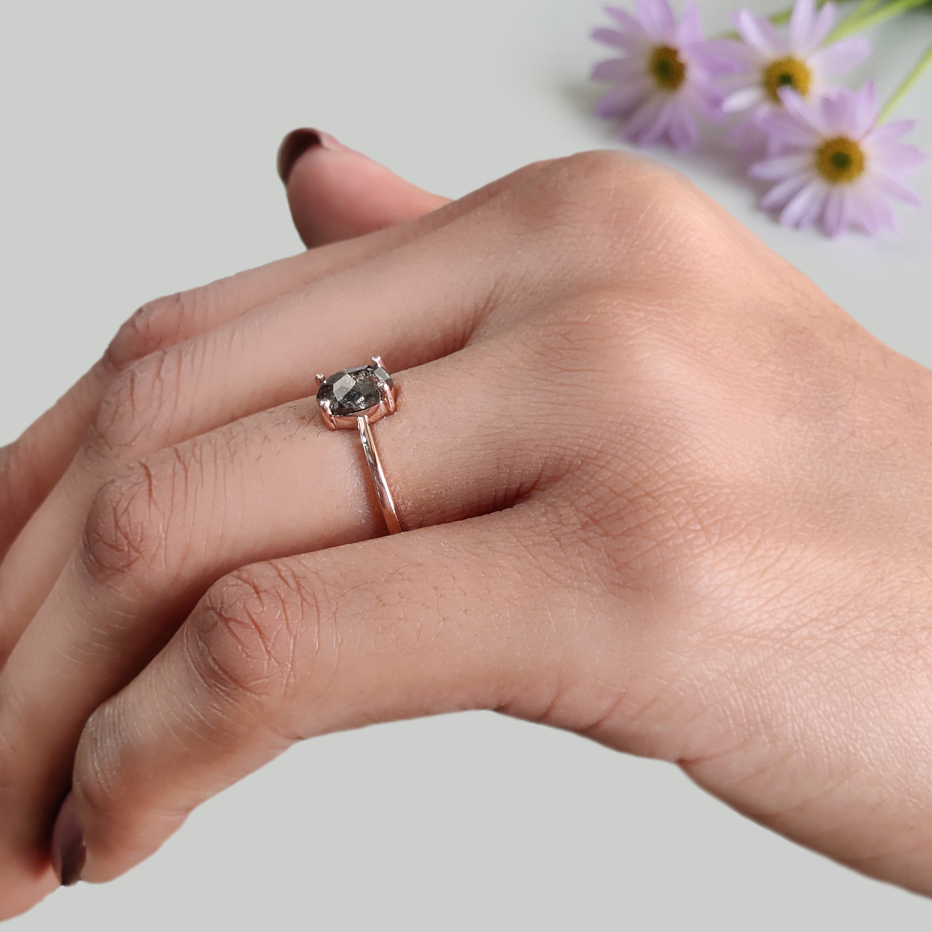 Oval Cut Salt And Pepper Diamond Ring 1.04 Ct 6.84 MM Oval Diamond Ring 14K Solid Rose Gold Silver Oval Engagement Ring Gift For Her KDL2015