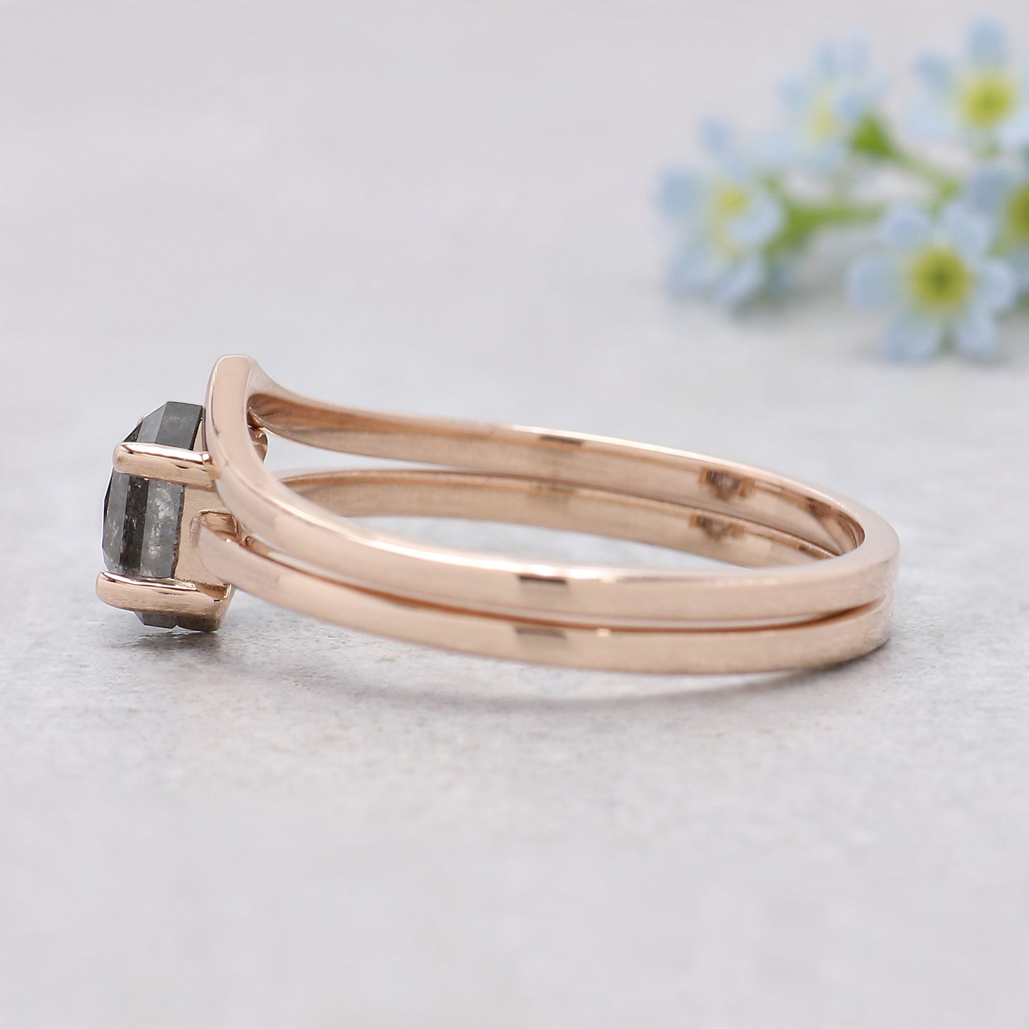 0.74 Ct Natural Hexagon Salt And Pepper Diamond Ring 6.05 MM Hexagon Cut Diamond Ring 14K Solid Rose Gold Silver Engagement Ring Set KDN585