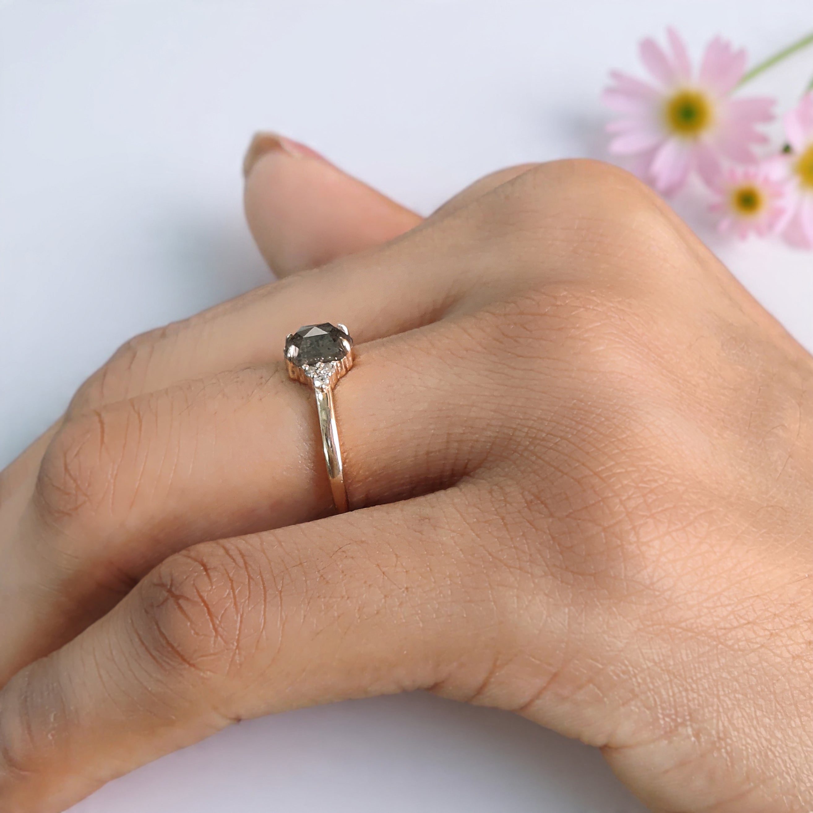 Hexagon Salt and Pepper Diamond Ring, Unique Diamond Engagement Ring, 14K Rose Gold Minimalist Ring, Rustic Bridal Ring, Gift for Her KDL276