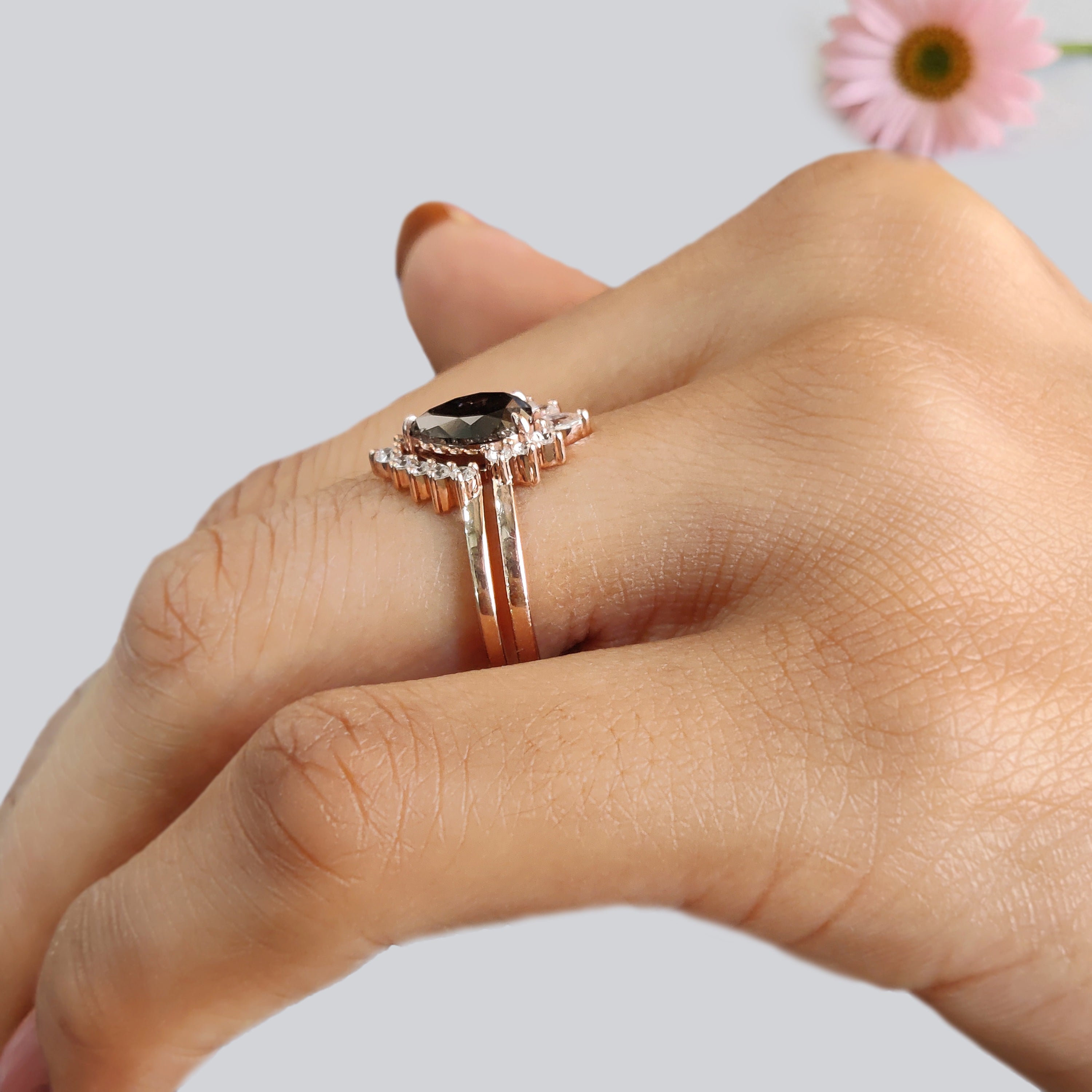 Pear Cut Salt And Pepper Diamond Ring 1.02 Ct 7.95 MM Pear Diamond Ring 14K Rose Gold Silver Pear Engagement Ring Set Gift For Her KDL3002