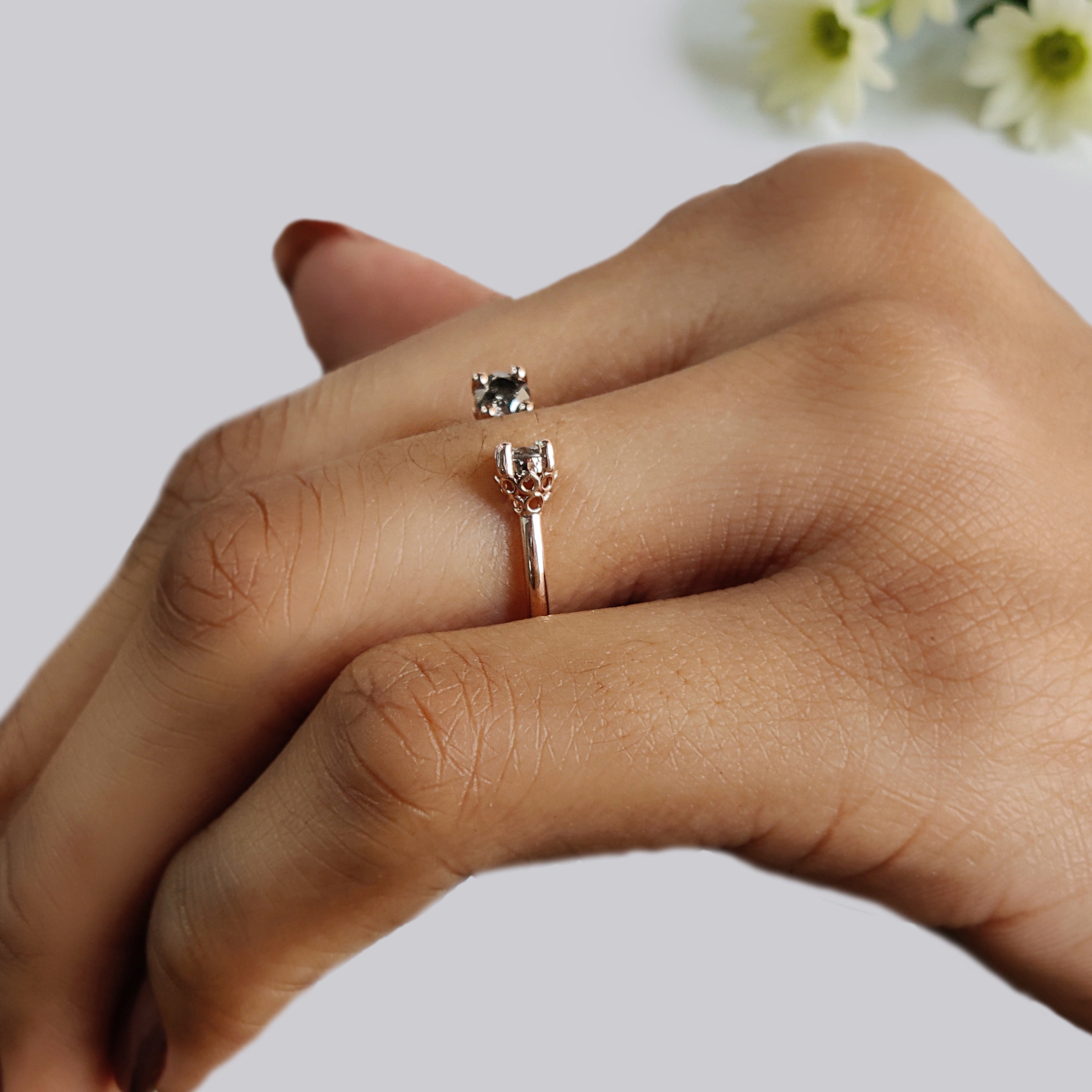 0.40 Ct Natural Round Salt And Pepper Diamond Ring 3.70 MM Open Gap Round Diamond Ring 14K Solid Rose Gold Silver Engagement Ring KDL1062