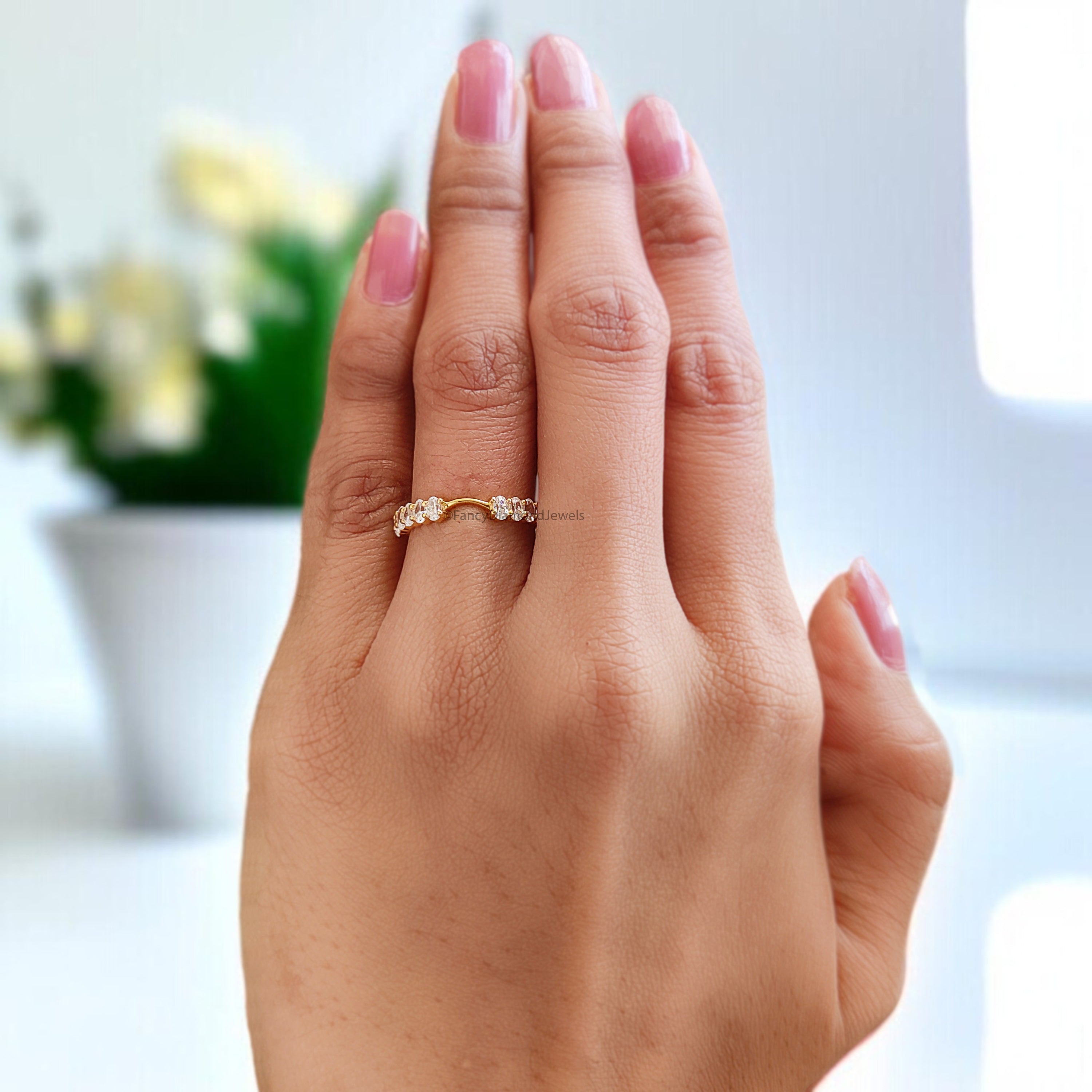 Oval Cut Diamond Wedding Band Yellow Gold Unique Half Eternity Wedding Band Vintage Notched Stacking Matching Bridal Gift For Her FD526