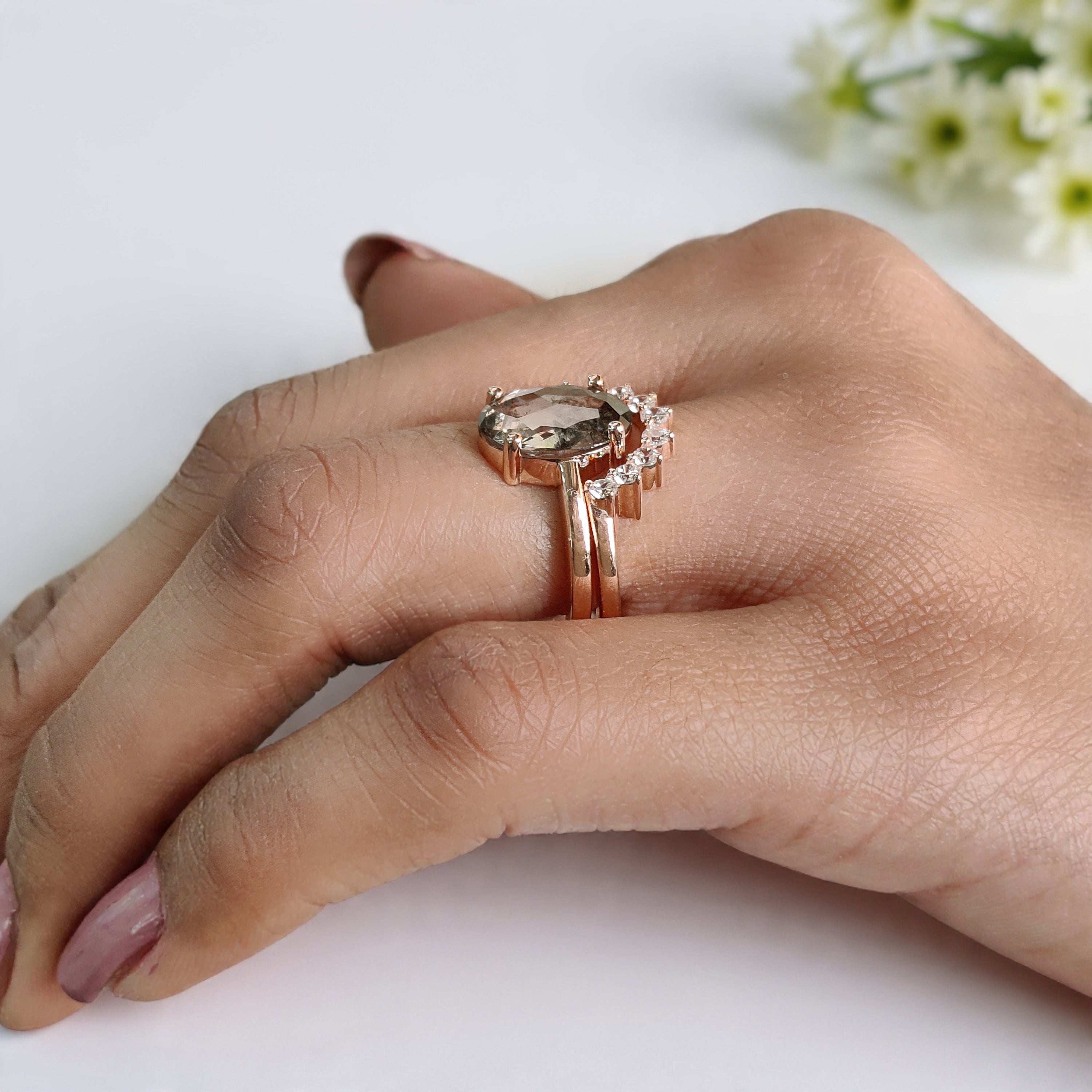 2.29 CT Oval Lab Grown Diamond Ring Oval CVD Fancy Black Grey Salt And Pepper Diamond Ring Engagement Ring Bridal Wedding Ring Set KDL3525