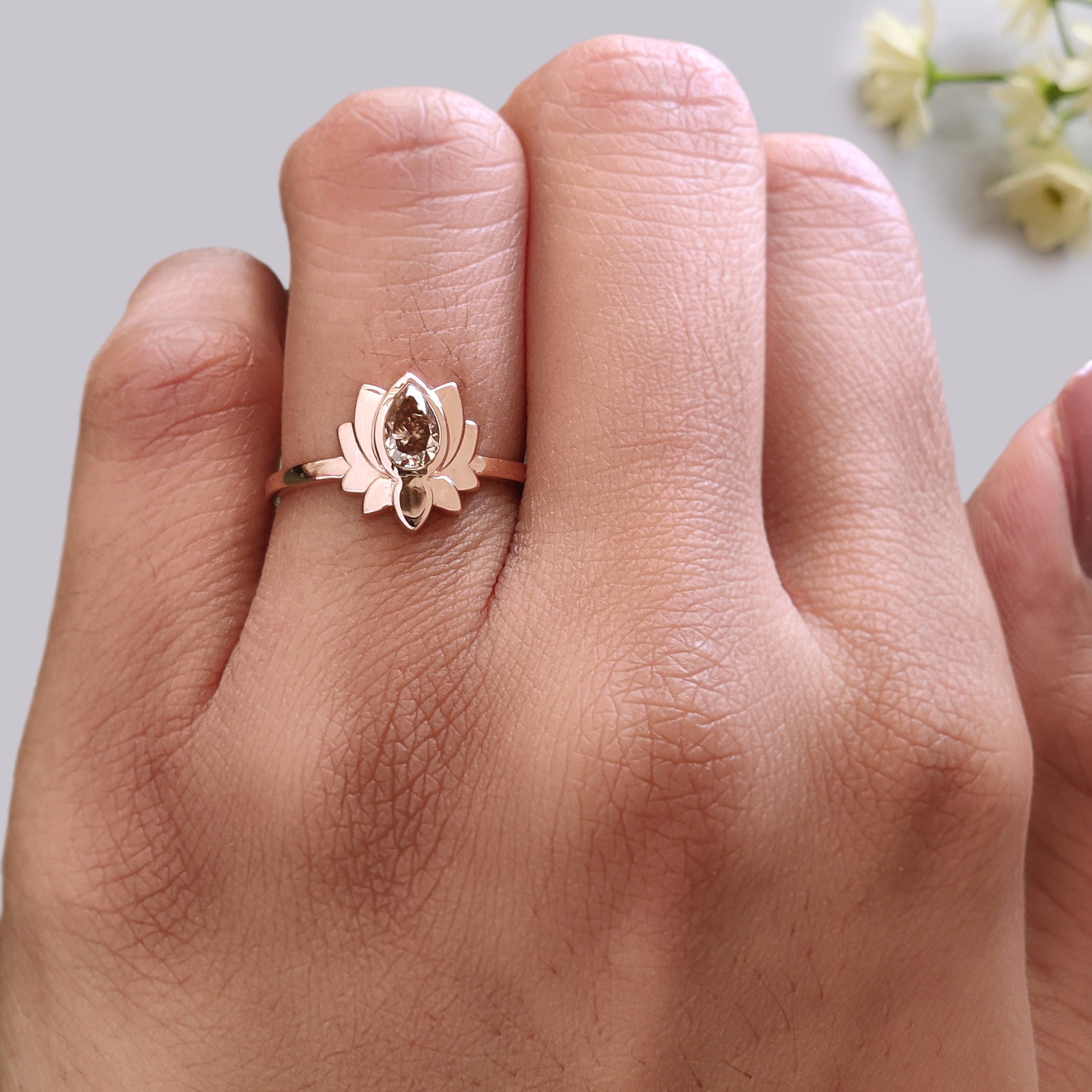 Pear Cut Brown Color Diamond Ring 0.38 Ct 6.00 MM Pear Diamond Ring 14K Solid Rose Gold Silver Pear Engagement Ring Gift For Her KDN1249