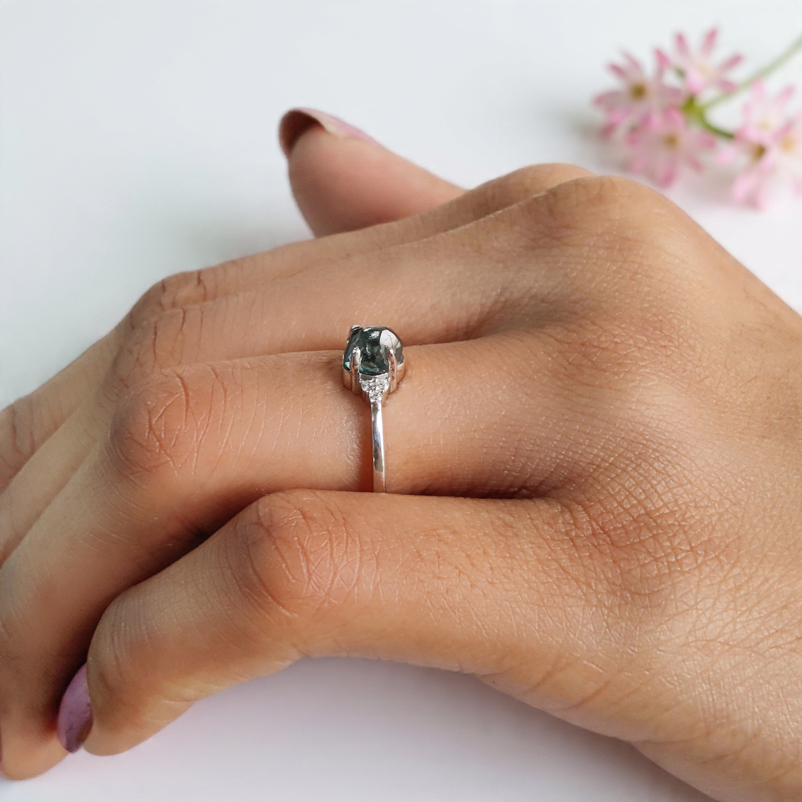 Rough Blue Color Diamond Ring 0.99 Ct 5.83 MM Crystal Rough Diamond Ring 14K Solid White Gold Silver Engagement Ring Gift For Her QL2361