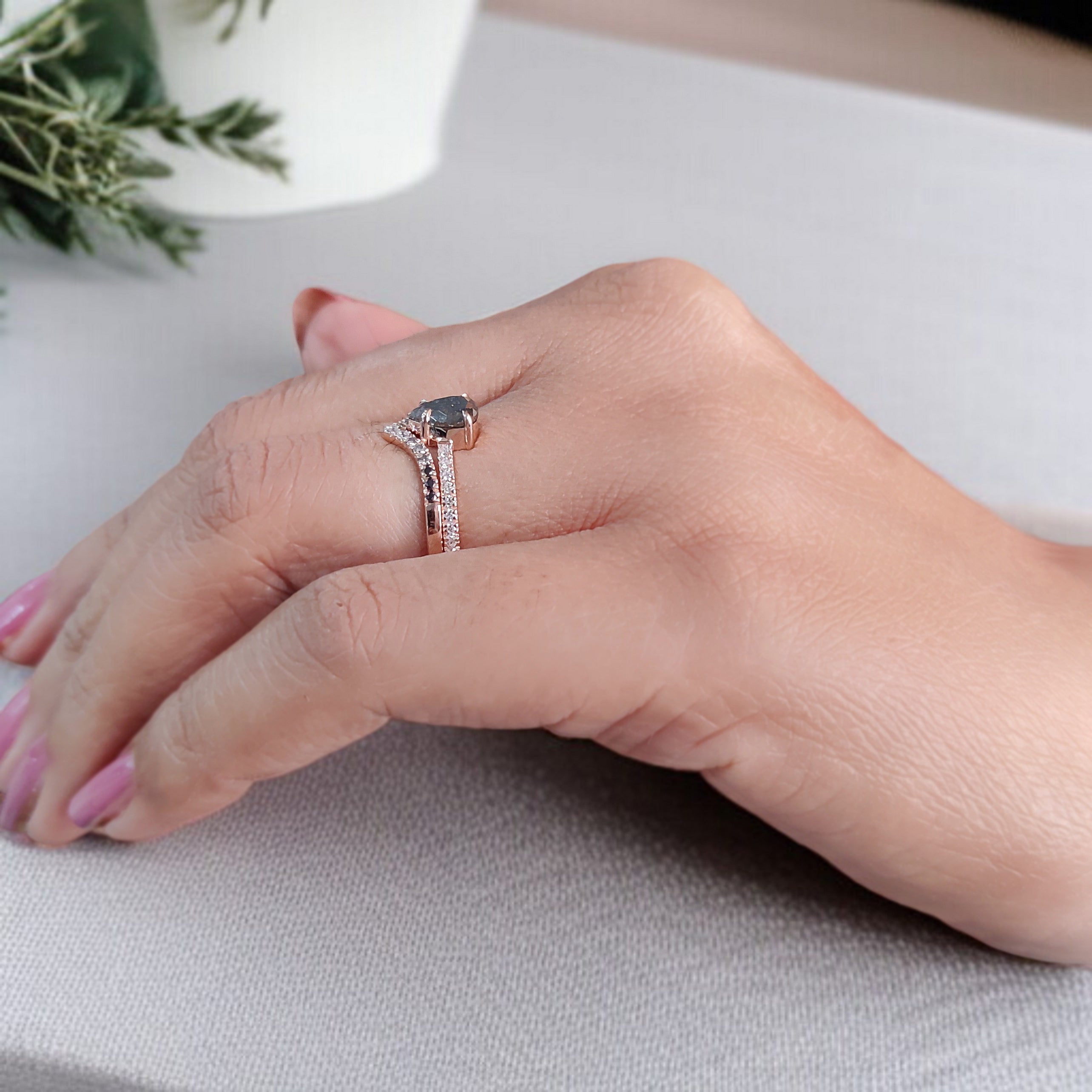 Pear Cut Salt And Pepper Diamond Ring 0.74 Ct 6.73 MM Pear Cut Diamond Ring 14K Solid Rose Gold Silver Engagement Ring Gift For Her KDL2936