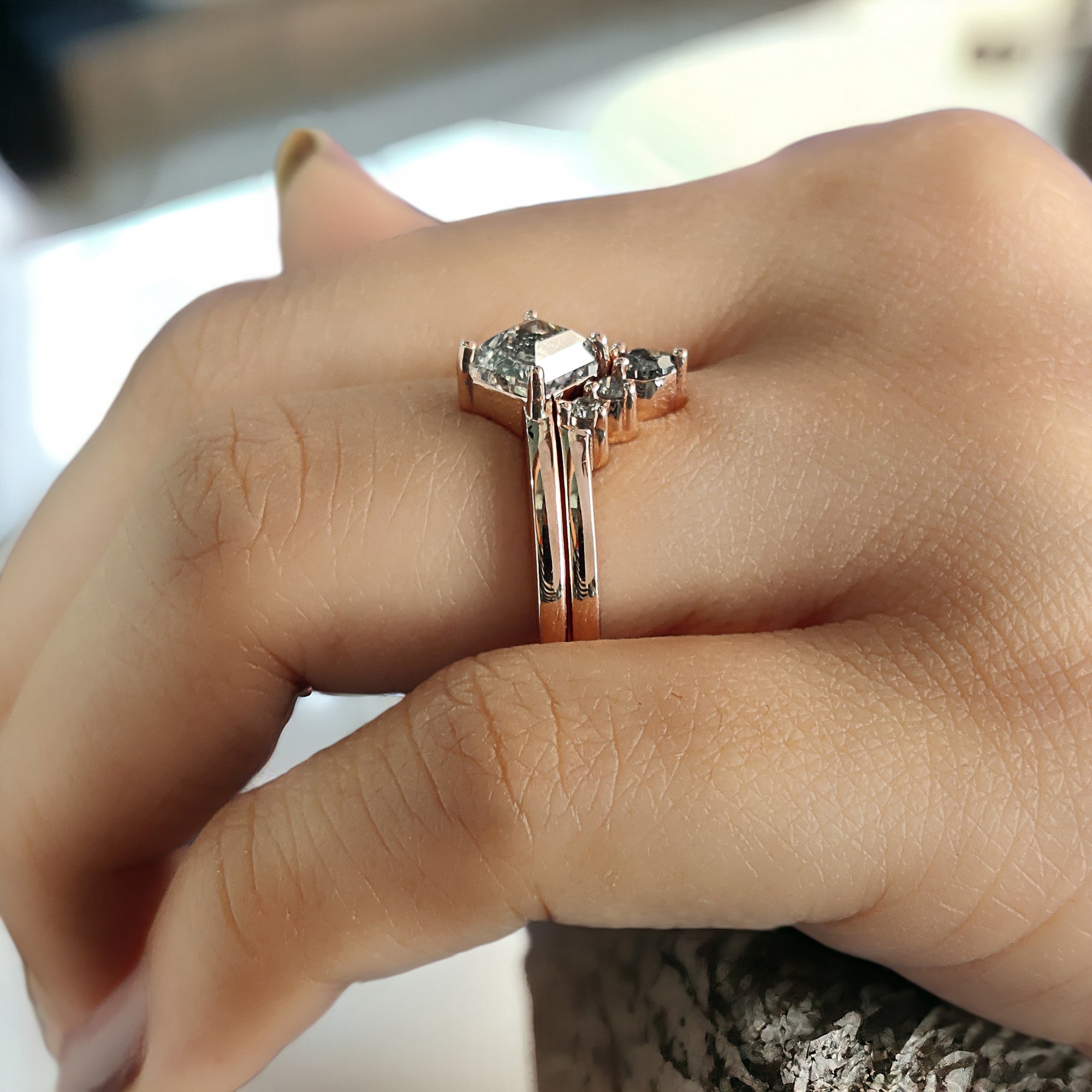 Kite Cut Salt And Pepper Diamond Ring 1.07 Ct 7.44 MM Kite Diamond Ring 14K Solid Rose Gold Silver Kite Engagement Ring Gift For Her QL2677