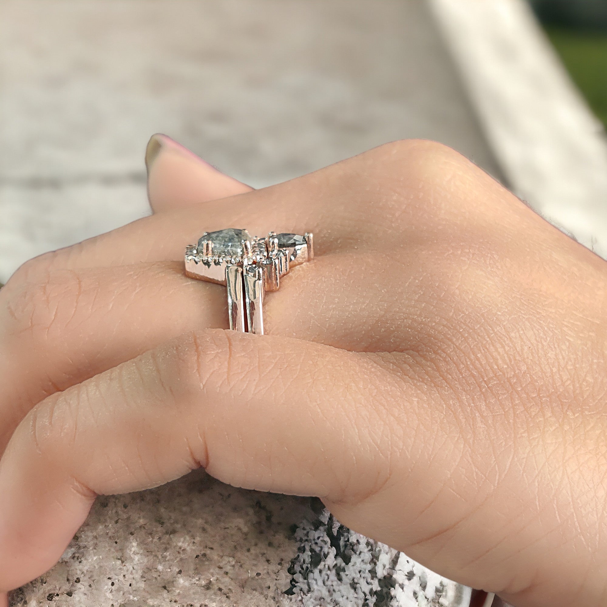 Coffin Cut Salt And Pepper Diamond Ring 0.78 Ct 5.70 MM Coffin Diamond Ring 14K Solid Rose Gold Silver Engagement Ring Gift For Her QL8907