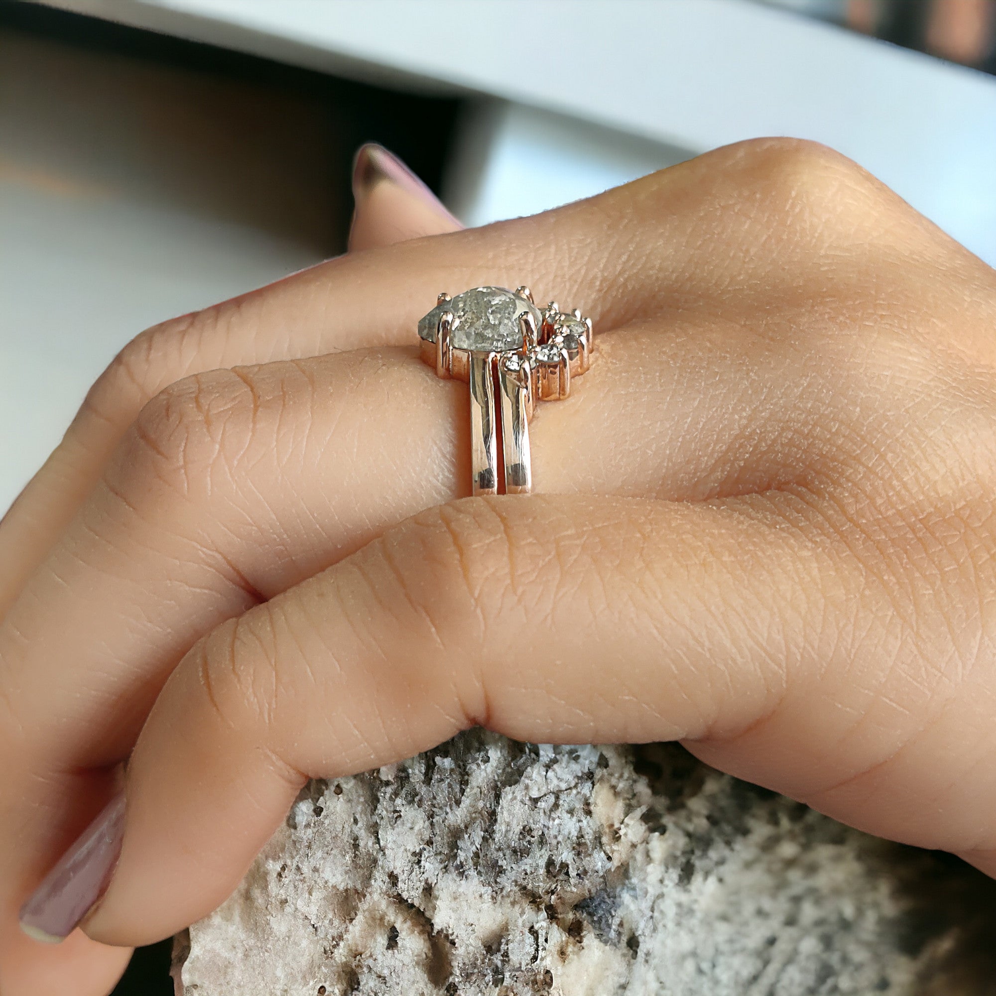 Pear Cut Salt And Pepper Diamond Ring 1.36 Ct 8.05 MM Pear Diamond Ring 14K Solid Rose Gold Silver Pear Engagement Ring Gift For Her QN9219