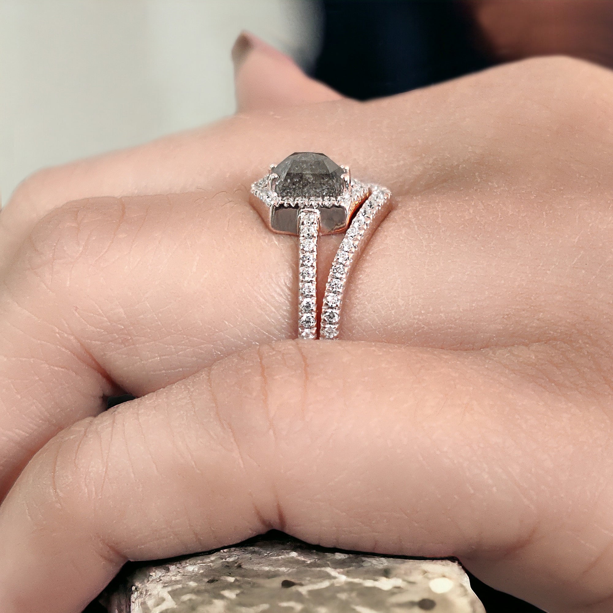 Hexagon Cut Salt And Pepper Diamond Ring 1.00 Ct 6.43 MM Hexagon Cut Diamond Ring 14K Rose Gold Silver Engagement Ring Gift For Her QL2077