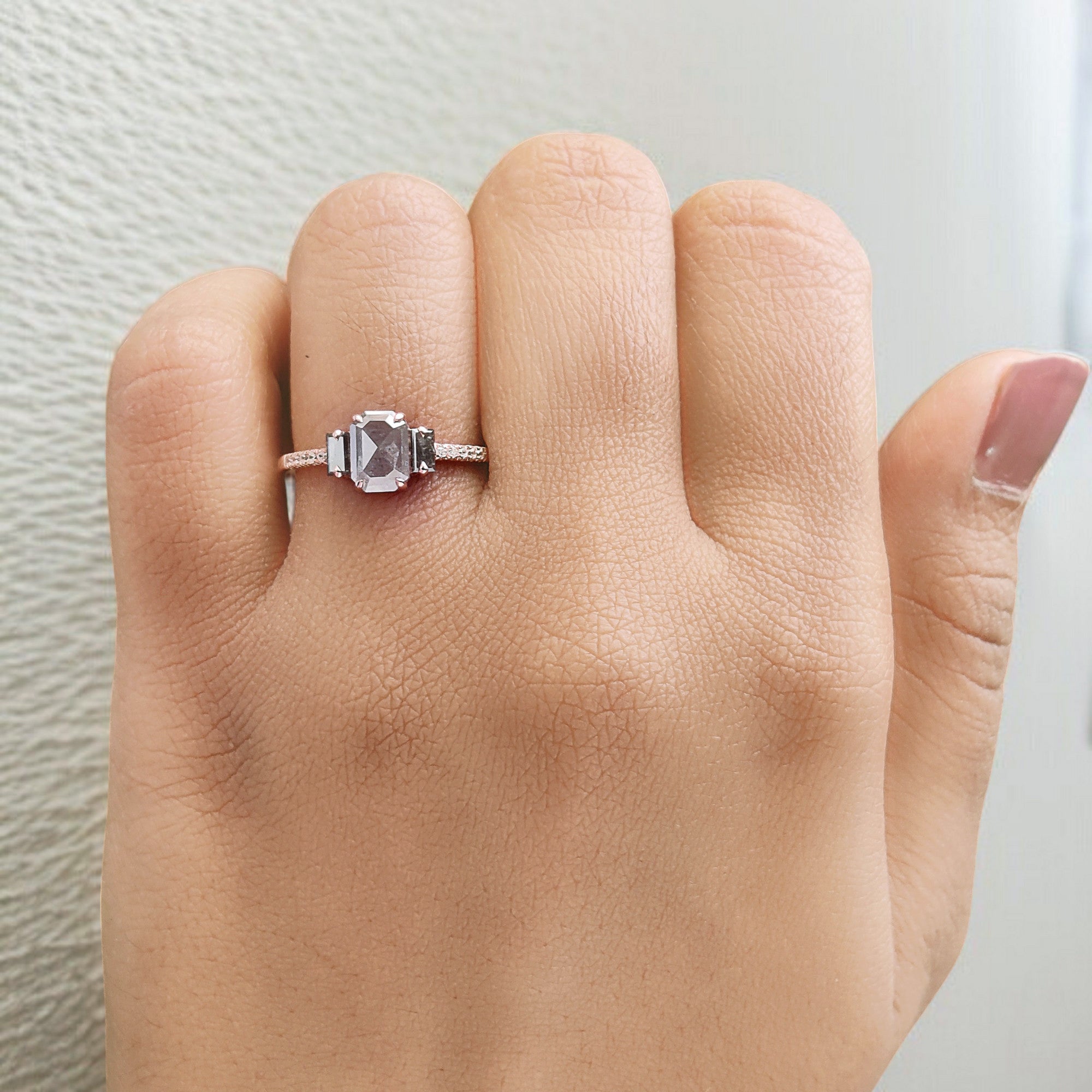 0.90 Ct Natural Emerald Shape Grey Color Diamond Ring 6.95 MM Emerald Cut Diamond Ring 14K Solid Rose Gold Silver Engagement Ring QN796