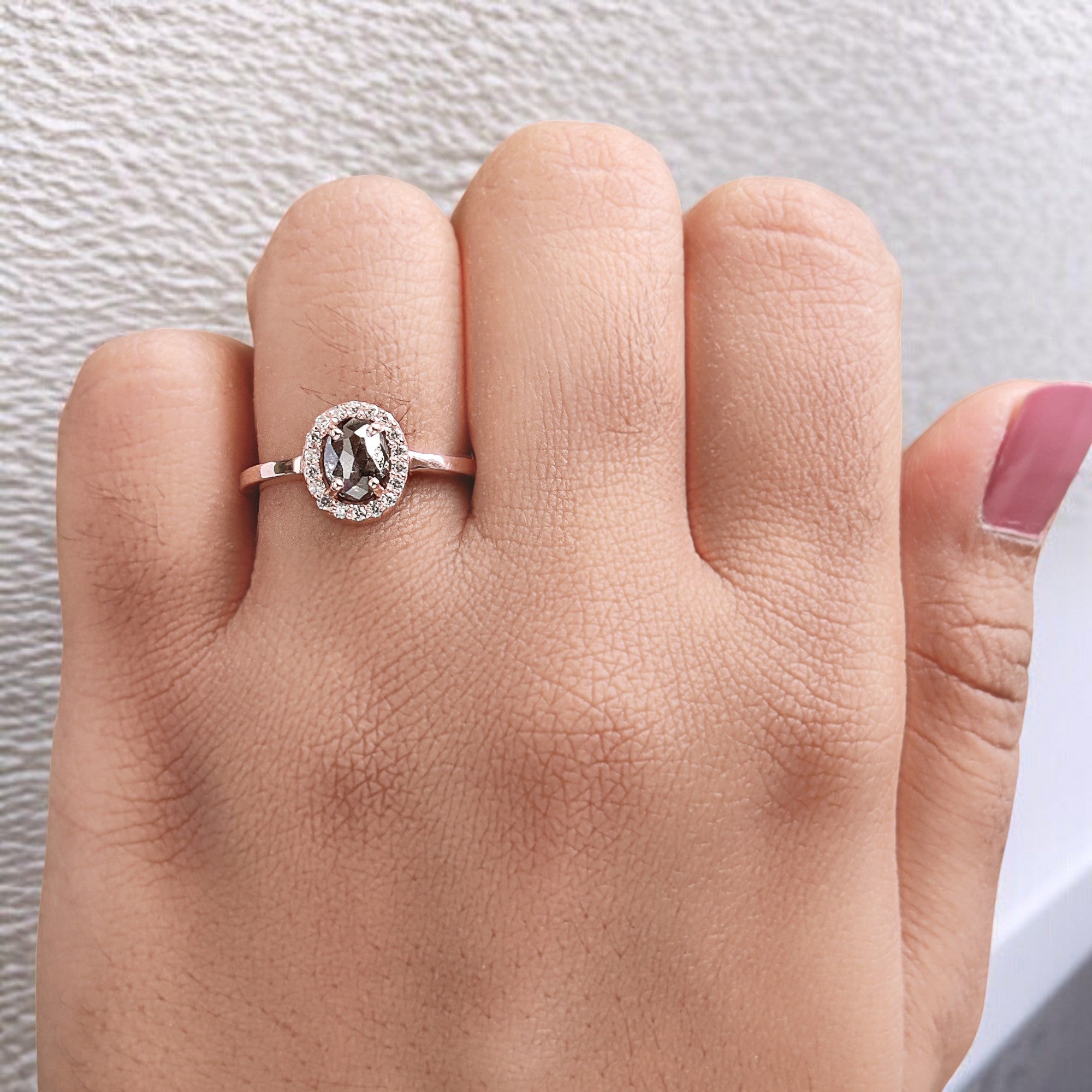 Oval Cut Salt And Pepper Diamond Ring 0.79 Ct 6.35 MM Oval Diamond Ring 14K Solid Rose Gold Silver Oval Engagement Ring Gift For Her QL1476