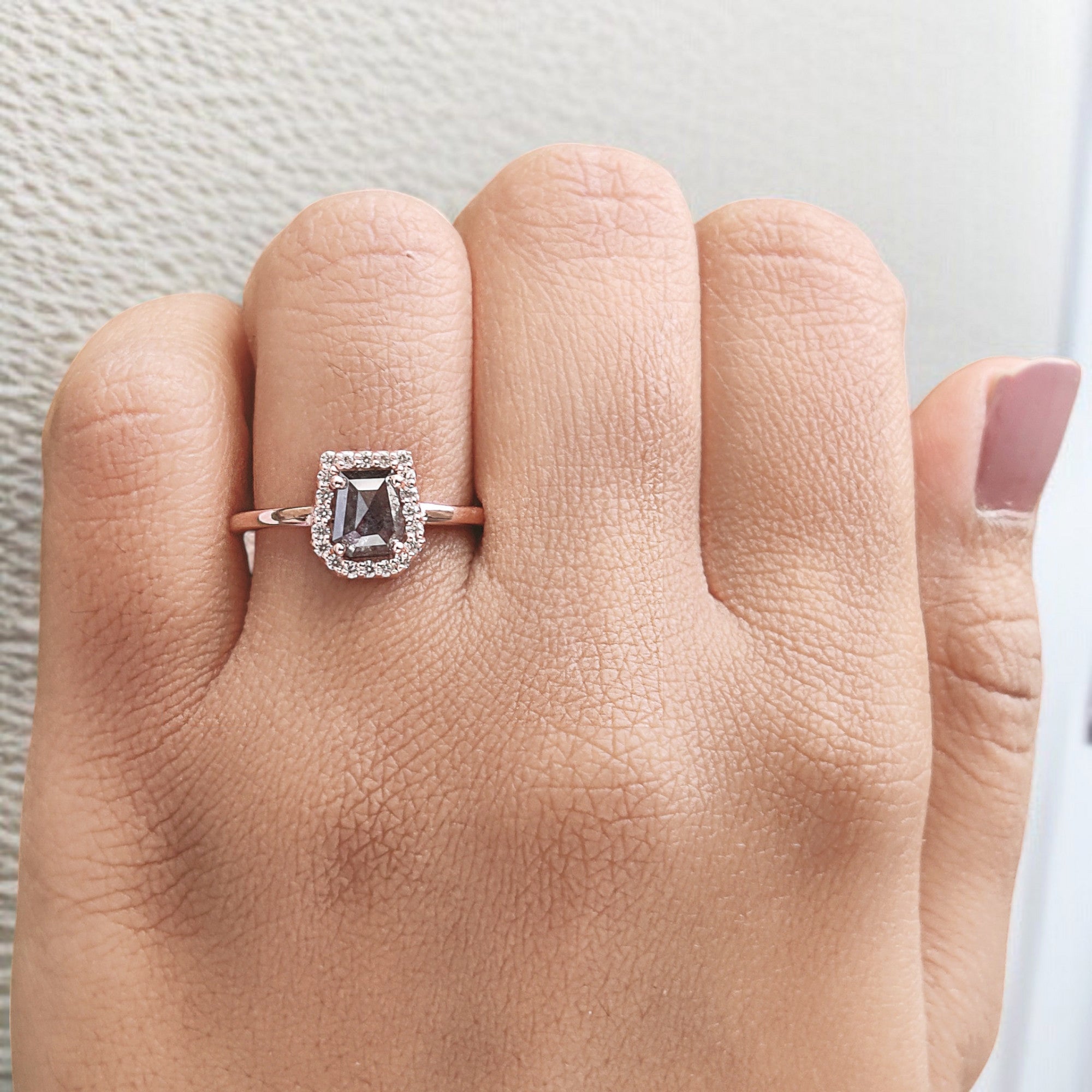 Coffin Cut Salt And Pepper Diamond Ring 0.96 Ct 6.25 MM Coffin Diamond Ring 14K Solid Rose Gold Silver Engagement Ring Gift For Her QN1097