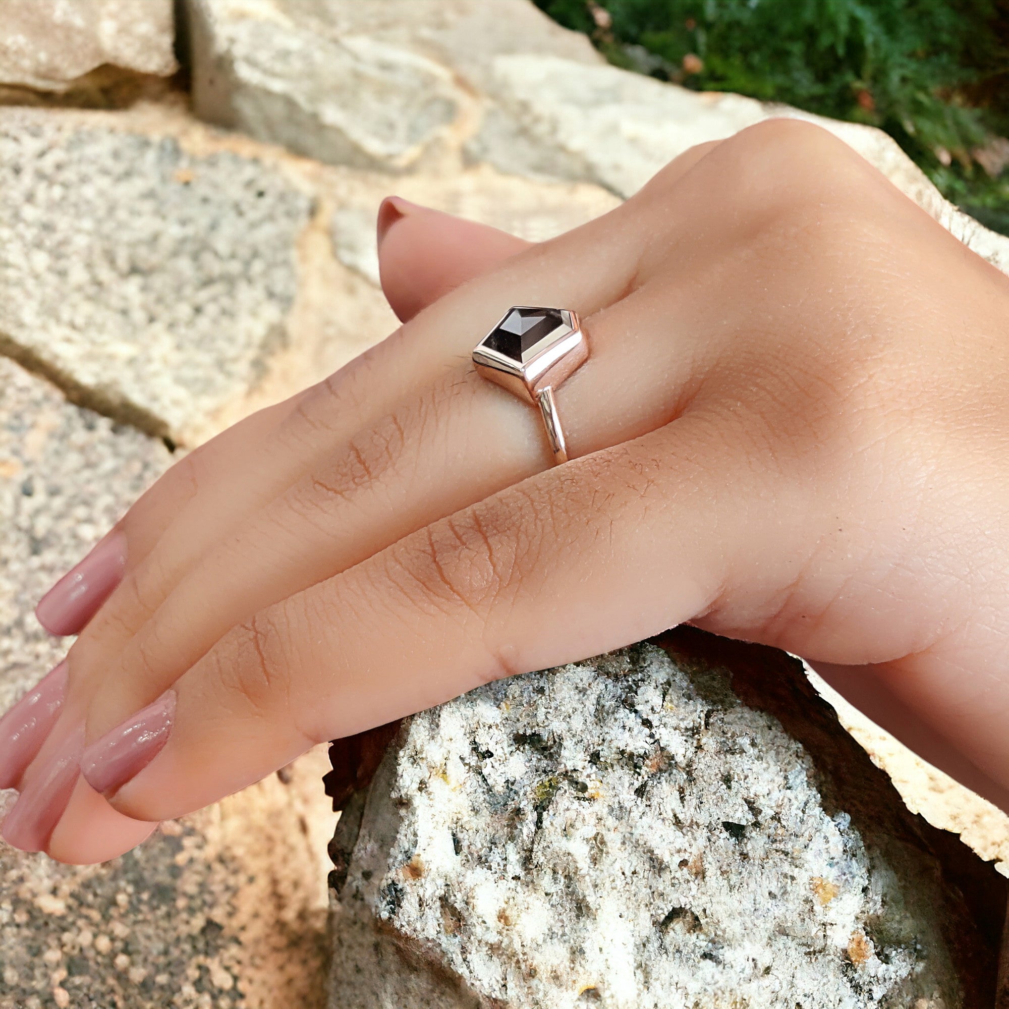 Pentagon Cut Black Color Diamond Ring 2.28 Ct 8.75 MM Pentagon Shape Diamond Ring 14K Rose Gold Silver Engagement Ring Gift For Her QL870