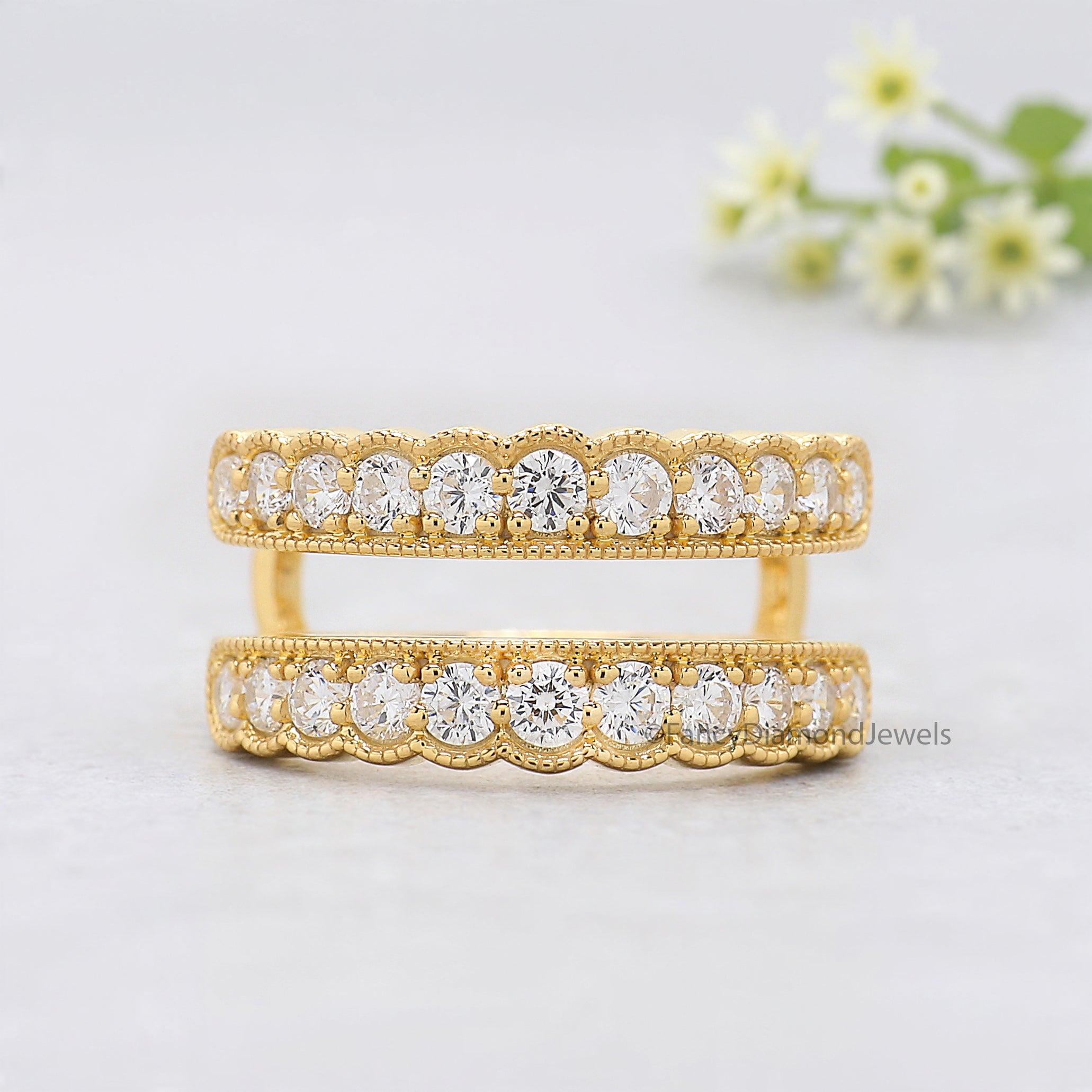 Round Cut Diamond Wedding Band Yellow Gold Unique Half Eternity Wedding Band Vintage Double Stacking Matching Bridal Gift For Her FD527