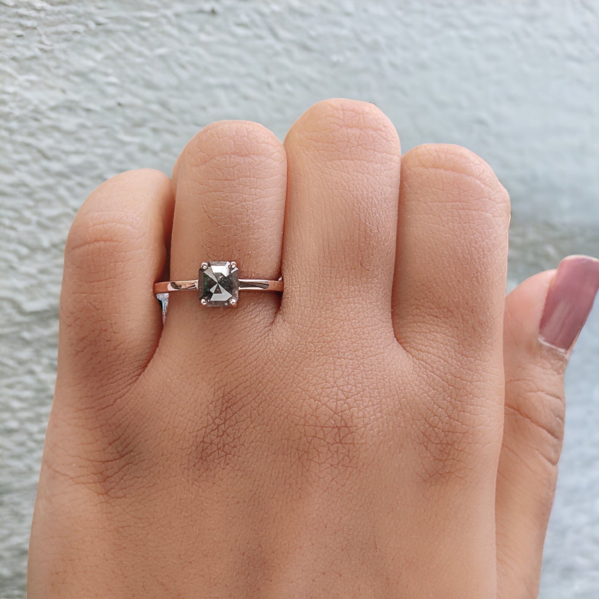 Emerald Cut Salt And Pepper Diamond Ring 1.24  Ct 5.50 MM Emerald Diamond Ring 14K Solid Rose Gold Silver Engagement Ring Gift For Her QN9365