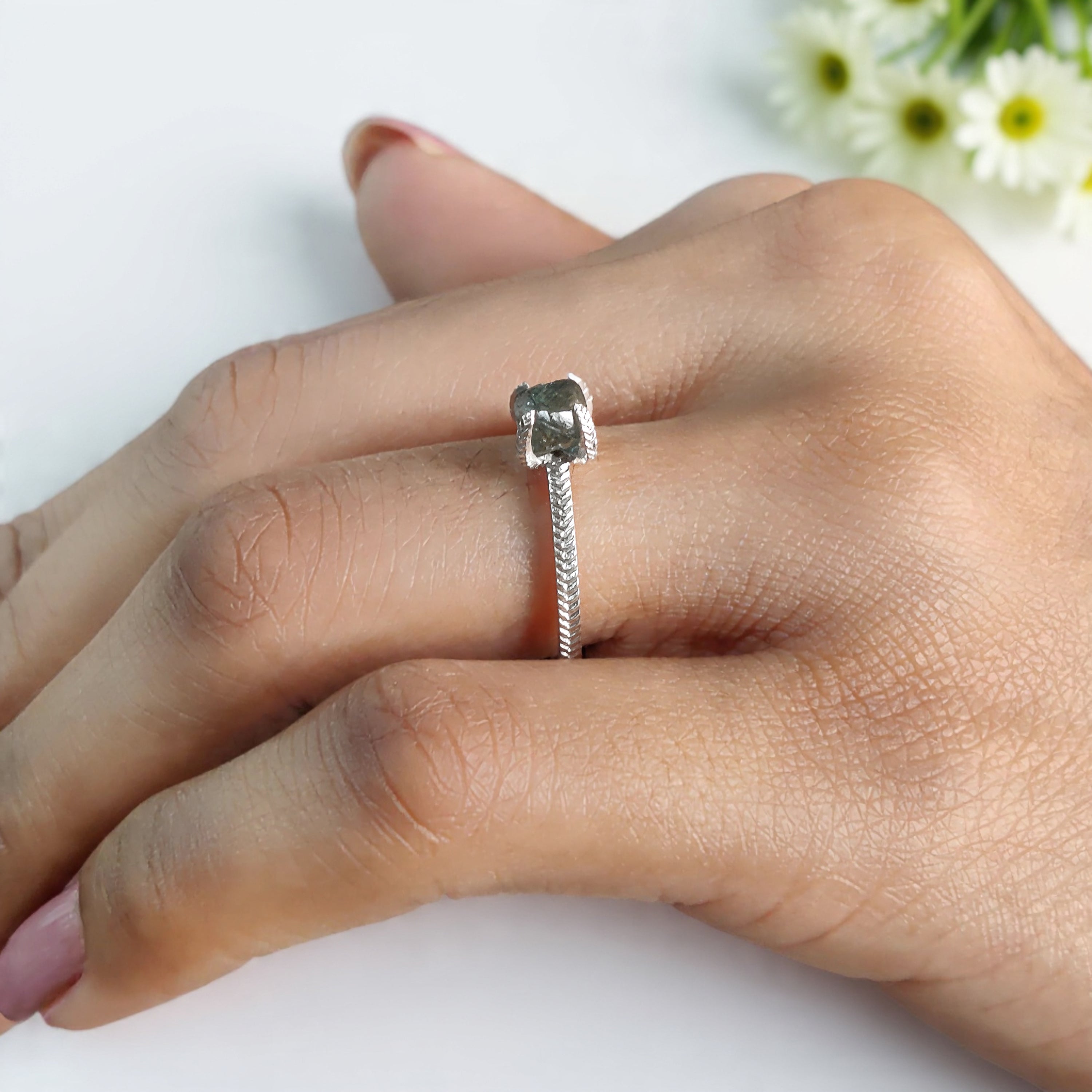 Rough Blue Color Diamond Ring 1.11 Ct 5.85 MM Crystal Rough Diamond Ring 14K Solid White Gold Silver Engagement Ring Gift For Her QL2358