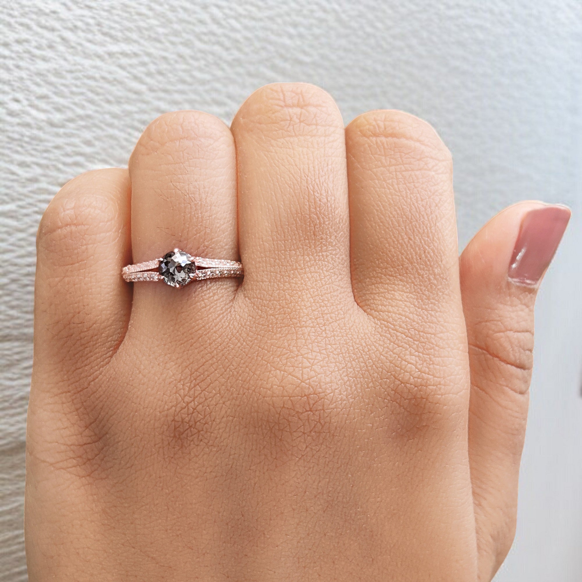 Round Rose Cut Salt And Pepper Diamond Ring 0.83 Ct 5.30 MM Round Diamond Ring 14K Rose Gold Silver Engagement Ring Gift For Her QN9672