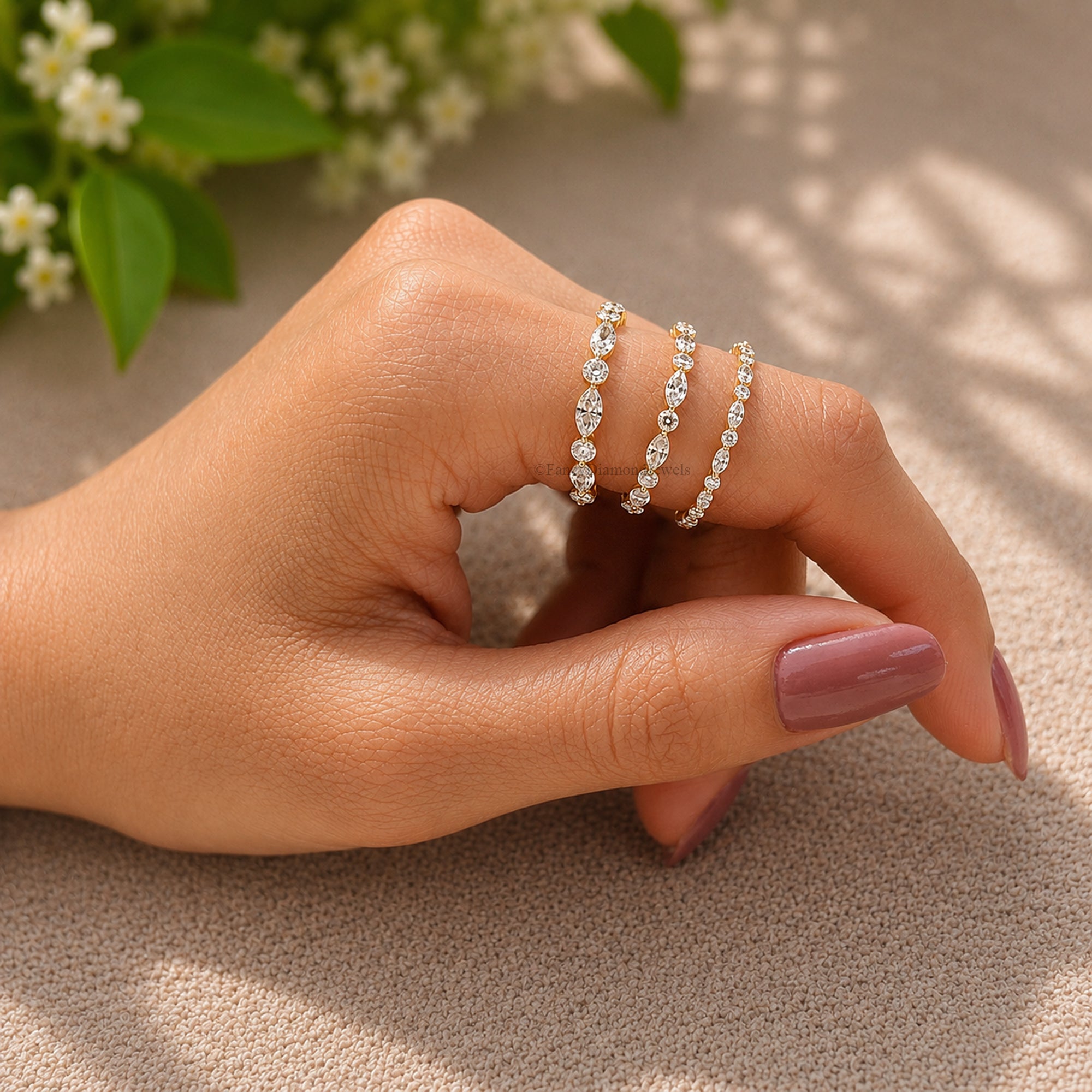 14K Moissanite Diamond Wedding Band, Alternating Marquise and Round Cut Dainty Stackable Eternity Ring, Bridal Anniversary Gifts FD586