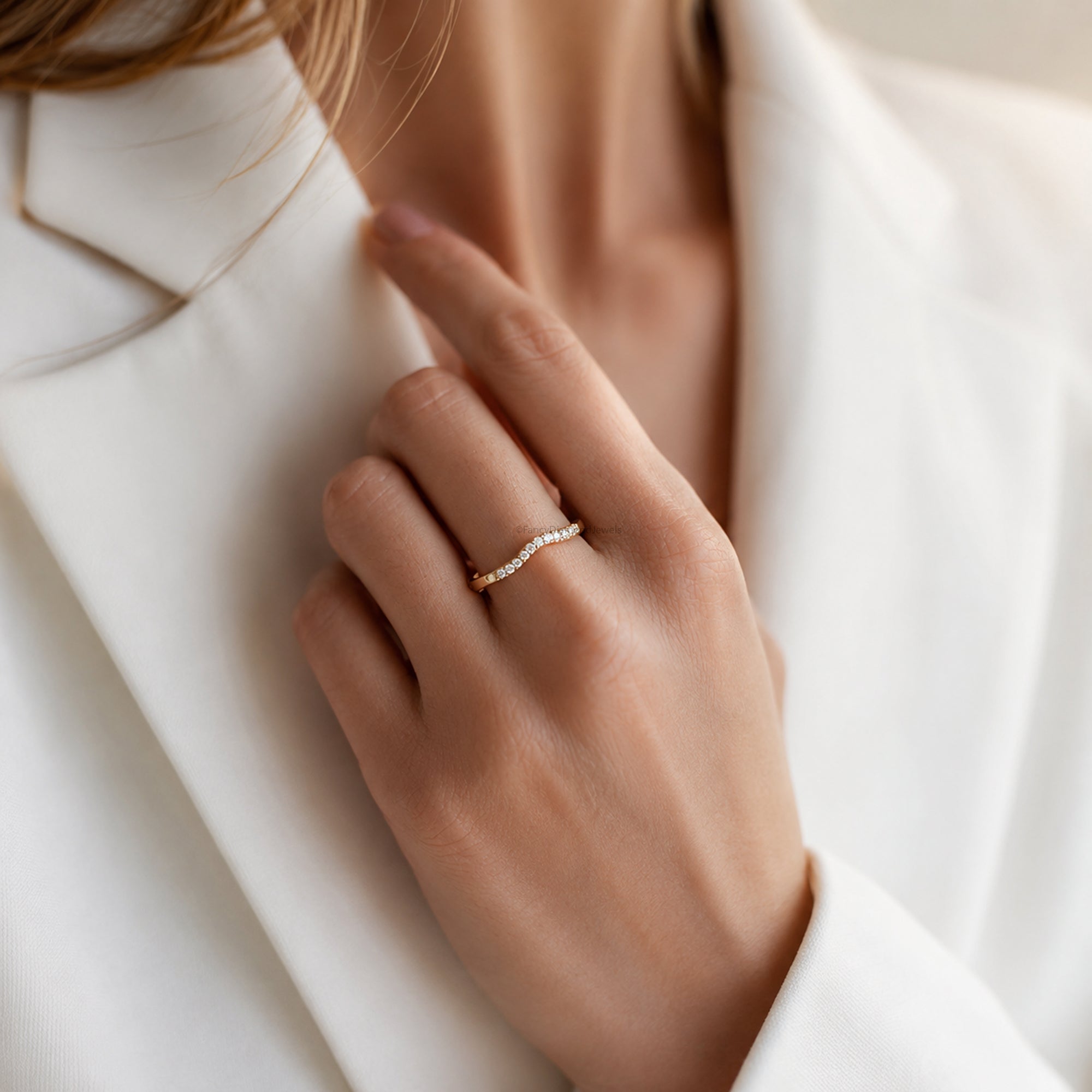 Lab Grown Diamond Band 14k Yellow Gold Curved Wedding Band For Women Pave Set Tiny Diamond Stacking Ring Minimalist Band Ring For Her FD570