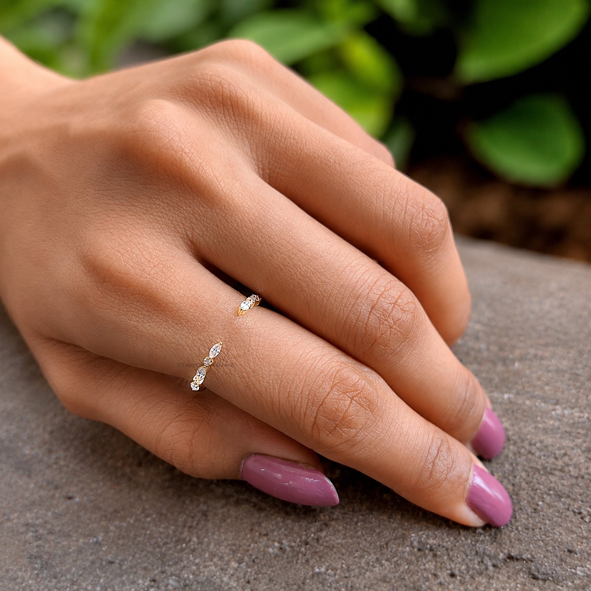 Open Gap Wedding Band Marquise and Round Moissanite Engagement Band, Half Eternity Band, Stackable Matching Minimalist Rings For Women FD603
