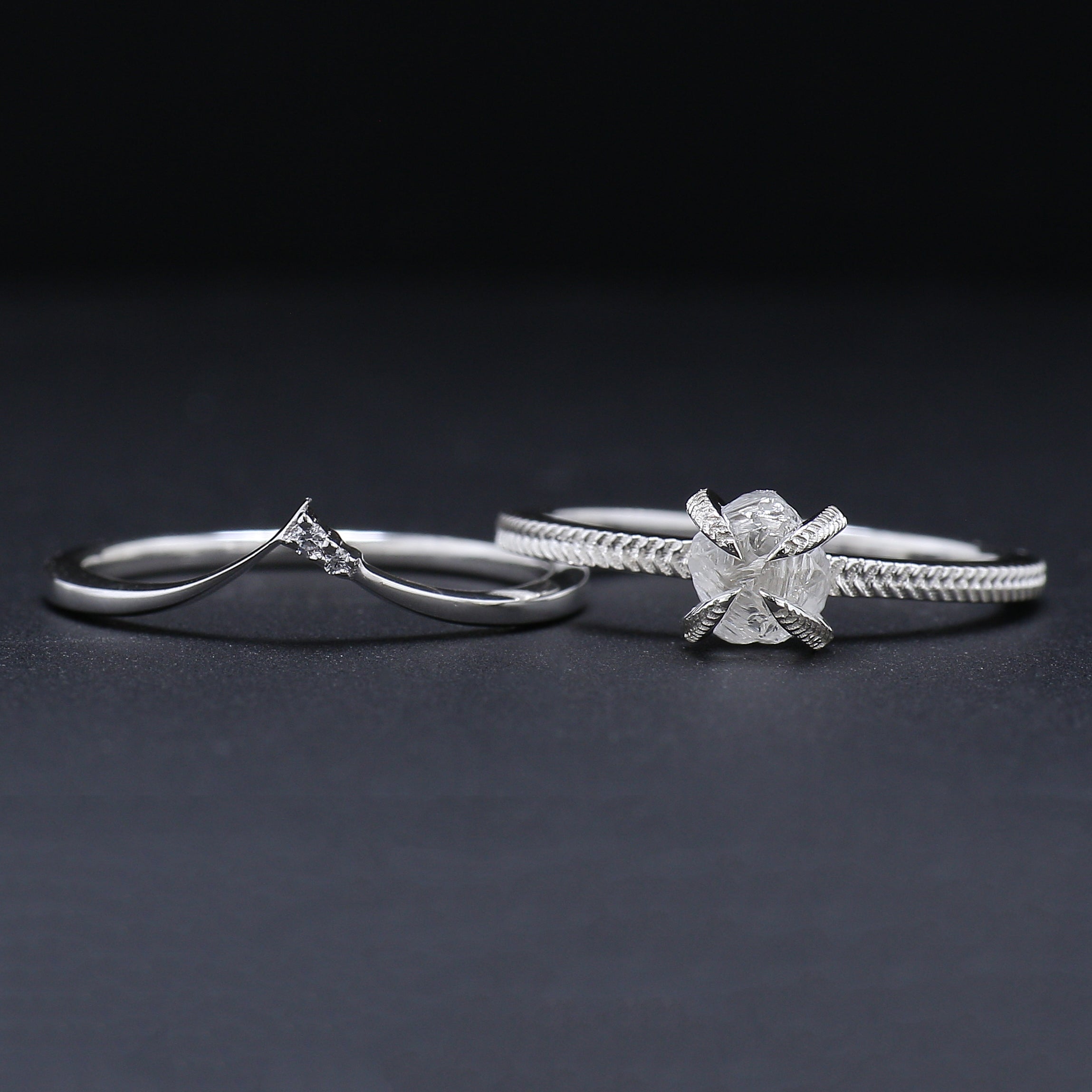 Rough White-F Color Diamond Ring 0.97 Ct 5.39 MM Crystal Rough Diamond Ring 14K Solid White Gold Silver Engagement Ring Gift For Her QL2470