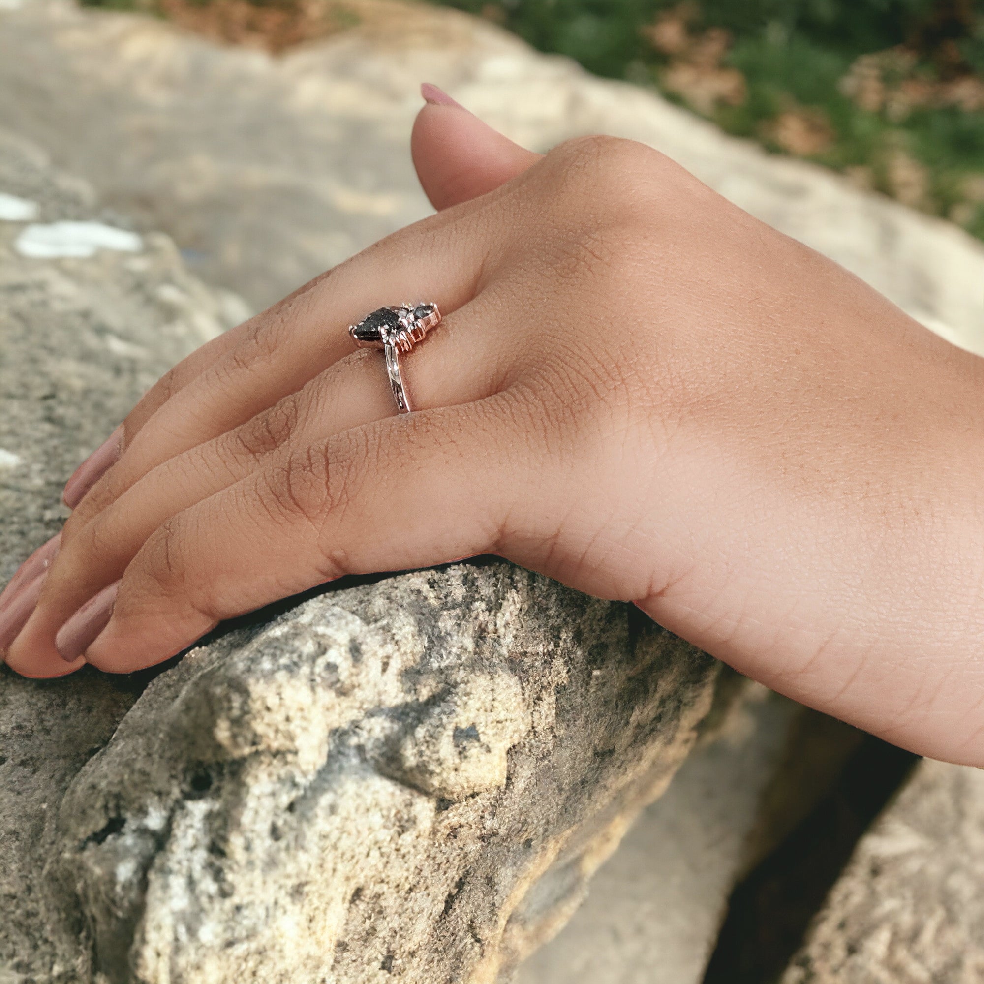 Shield Salt And Pepper Diamond Ring 0.58 Ct 6.60 MM Shield Shape Diamond Ring 14K Solid Rose Gold Silver Engagement Ring Gift For Her QN8843