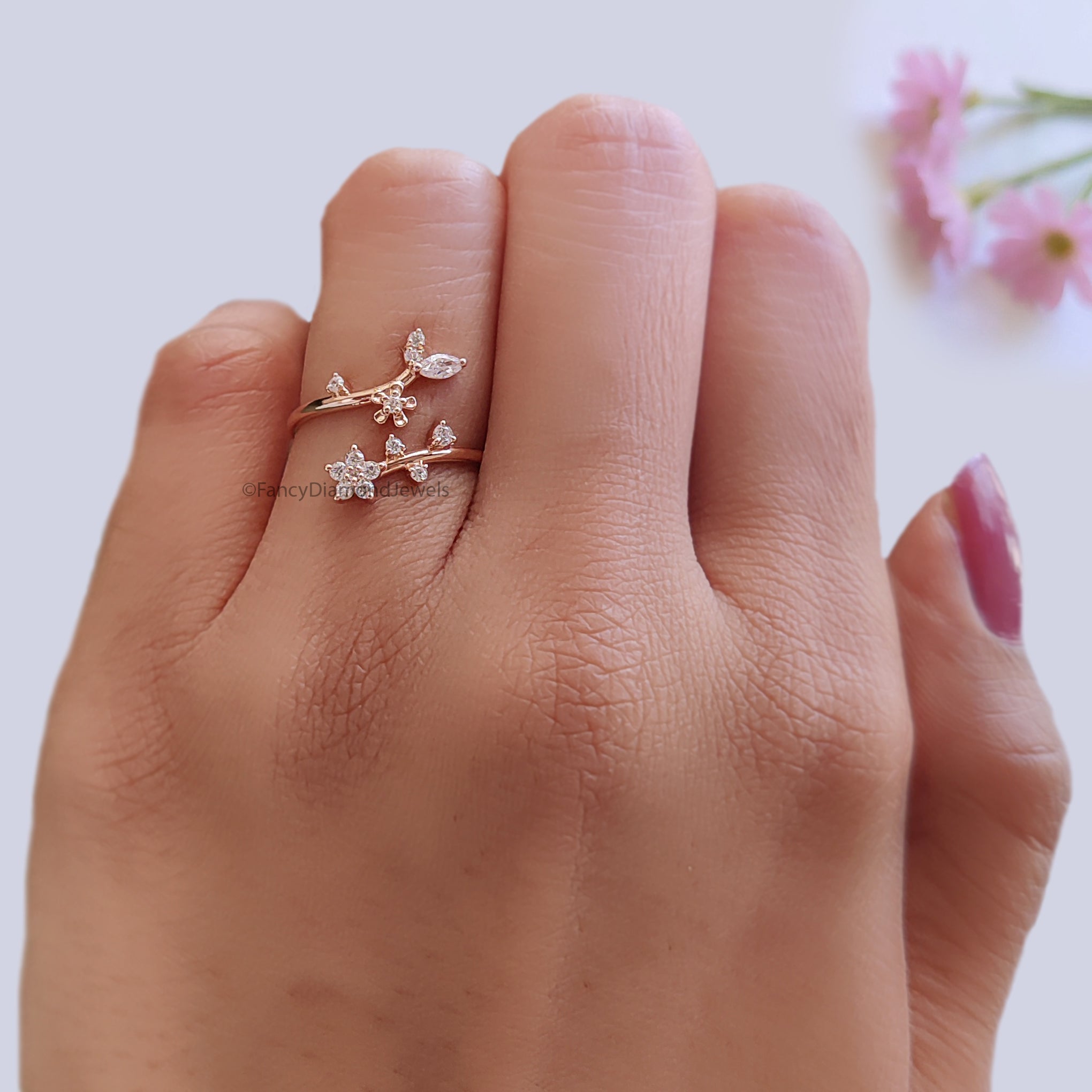 Marquise / Round Cut Wedding Ring Rose Gold Unique Anniversary Ring Spring Flower Ring Adjustable Delicate Personalized Gift For Her FD536