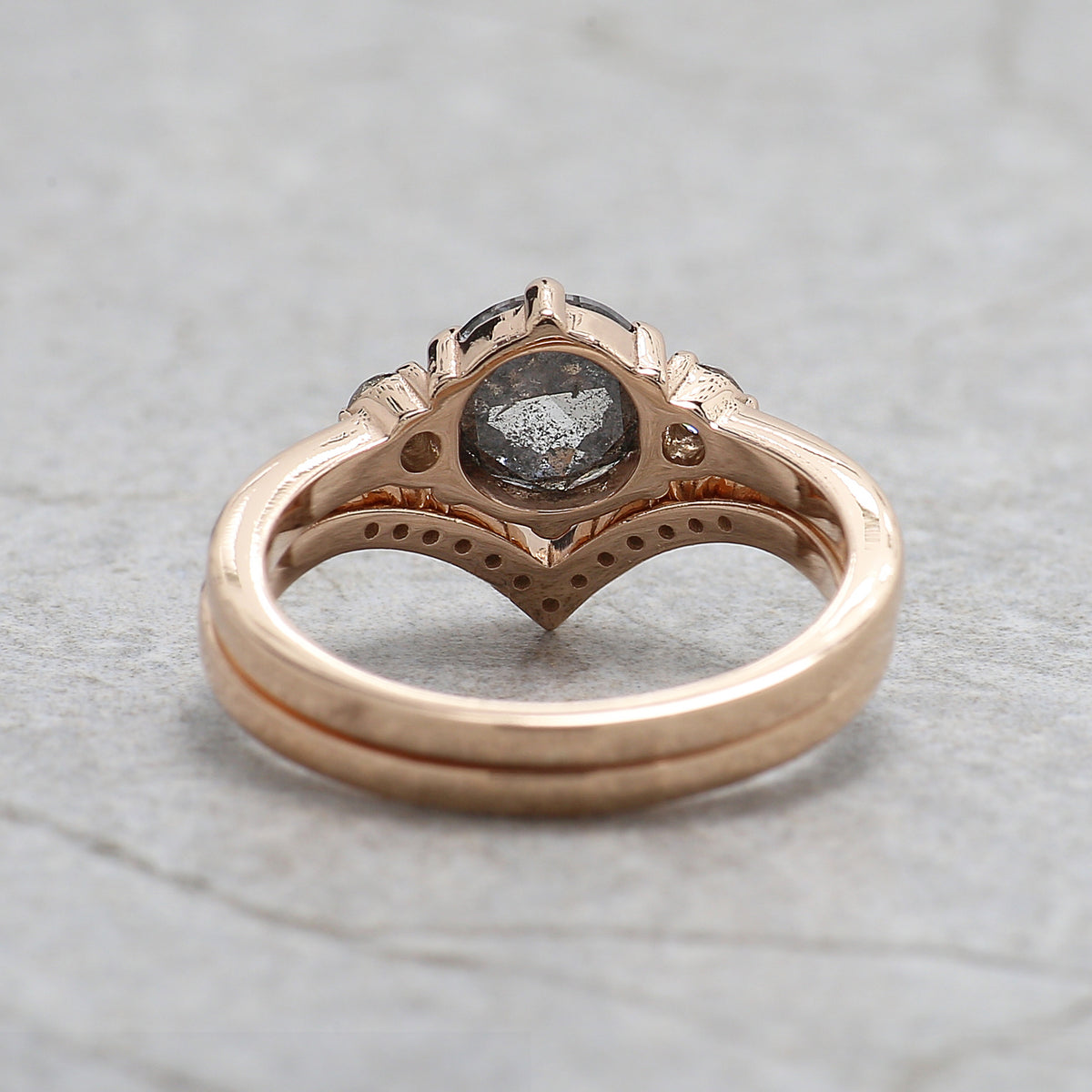 Round Rose Cut Salt and Pepper Diamond Ring, 14K Rose Gold Round Engagement Ring, Bridal Ring Set, Unique Diamond Ring Gift for Her KDL3613