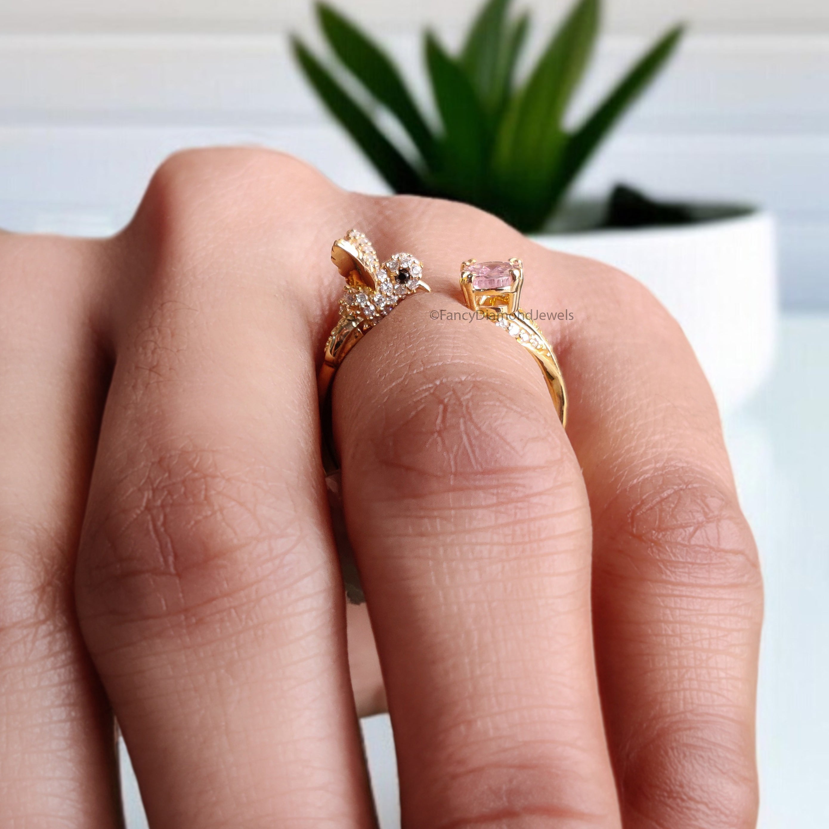 Oval Diamond Bird Ring Simulated Diamond Engagement Ring Yellow Plated Ring Anniversary Ring Simulant Pink Oval ring Gift For Her FD532