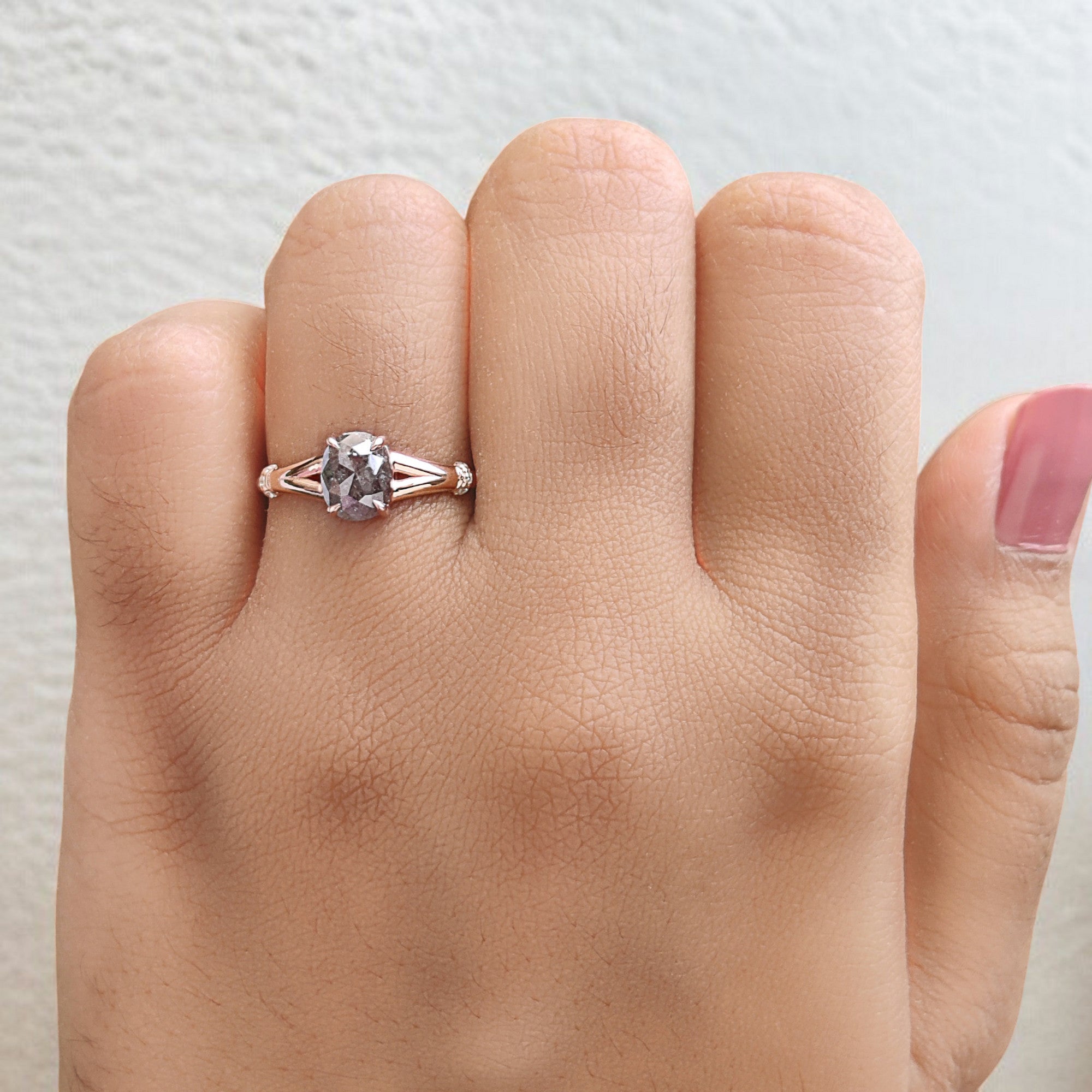 Oval Cut Salt And Pepper Diamond Ring 0.89 Ct 6.90 MM Oval Shape Diamond Ring 14K Solid Rose Gold Silver Engagement Ring Gift For Her QL1445