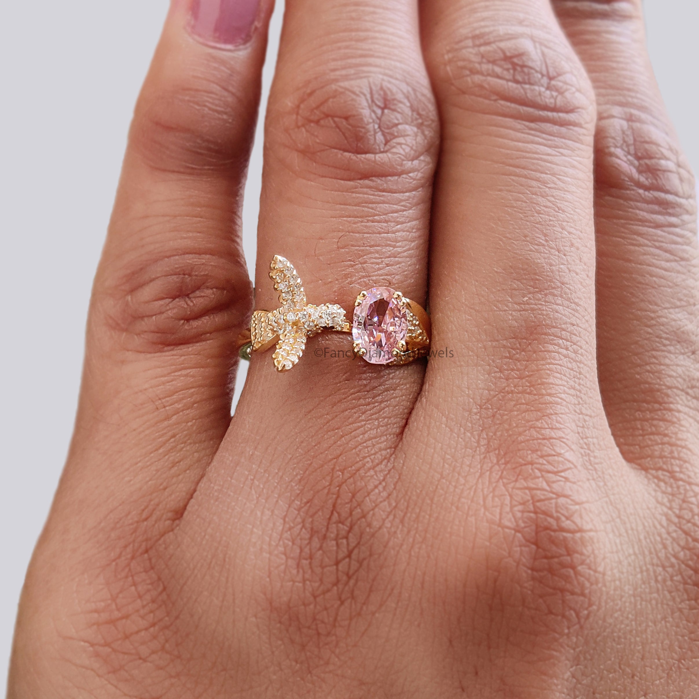 Oval Diamond Bird Ring Simulated Diamond Engagement Ring Yellow Plated Ring Anniversary Ring Simulant Pink Oval ring Gift For Her FD532