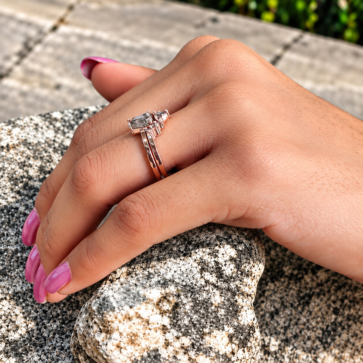 Coffin Shape Salt and Pepper Diamond Ring, 14K Rose Gold Coffin Engagement Ring, Bridal Ring Set, Unique Diamond Ring Gift for Her KDL3677