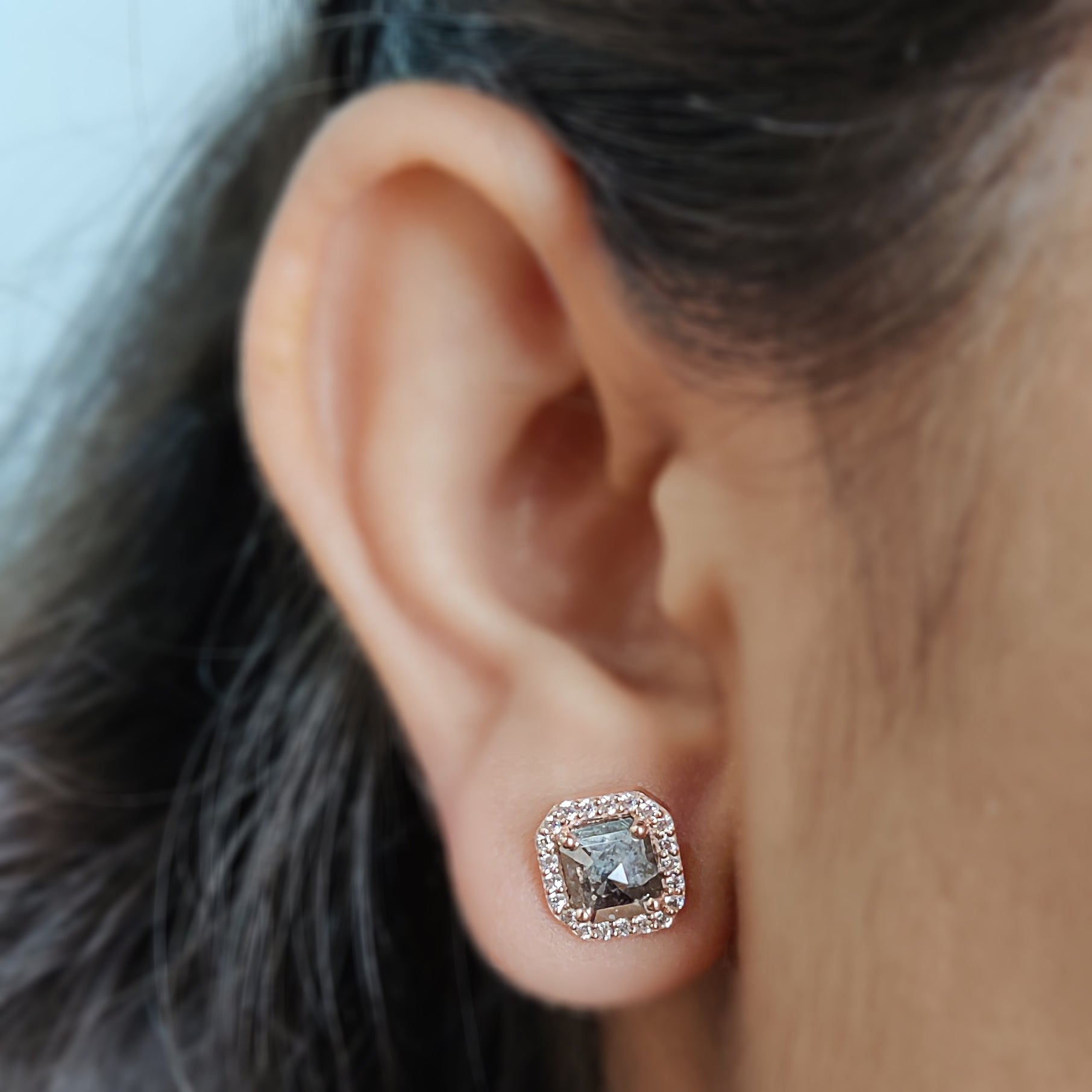 Emerald Shape Salt And Pepper Diamond Earring Emerald Earring Halo Set Earring Engagement Earring Earlobe Earrings Gift For Her KD860