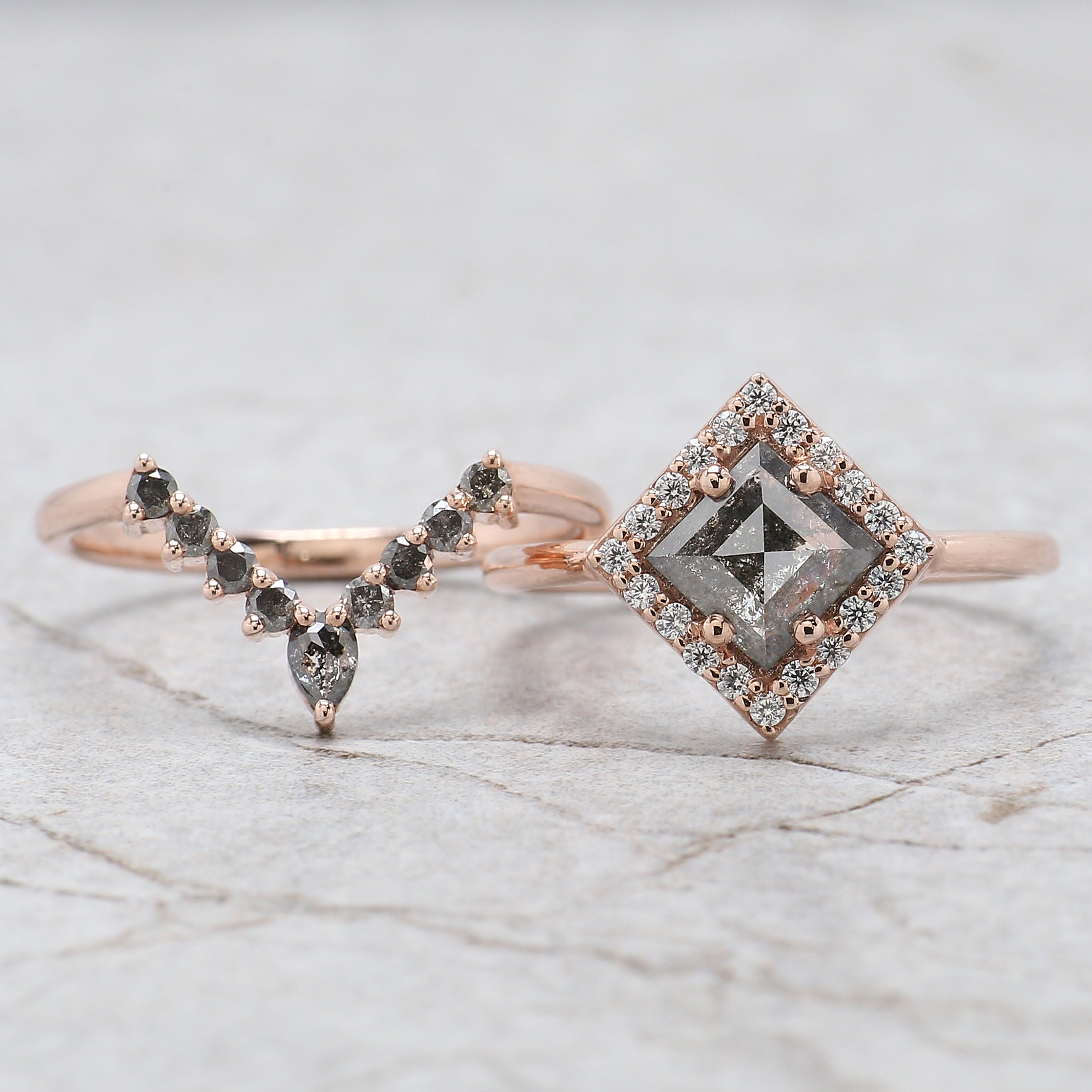 Kite Cut Salt And Pepper Diamond Ring 0.88 Ct 7.79 MM Kite Diamond Ring 14K Solid Rose Gold Silver Kite Engagement Ring Gift For Her QL2107