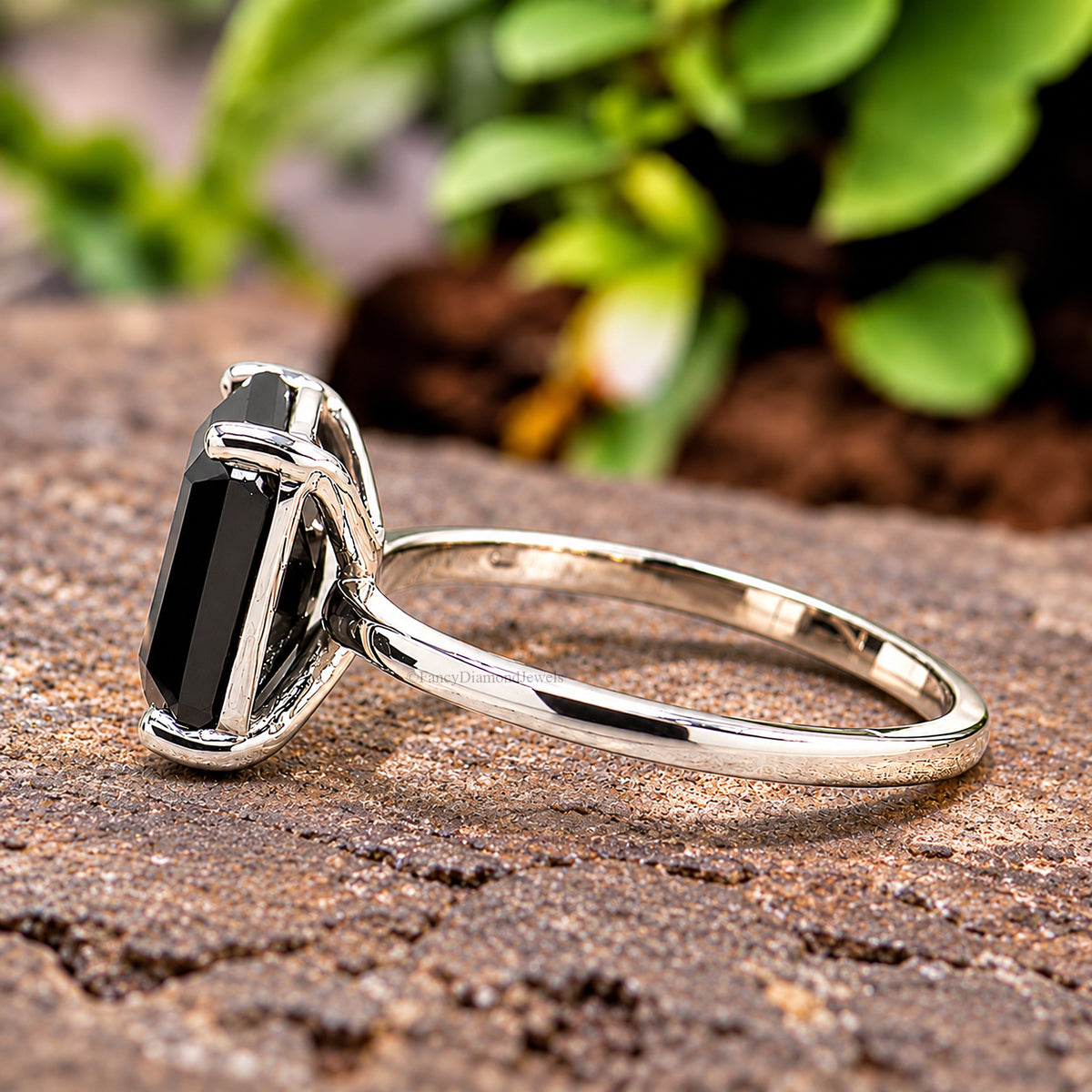 Black Onyx Engagement Ring, Emerald Cut Solitaire Ring, Sterling Silver Emerald Shape Diamond Simulant Ring, Anniversary Gift for Her FD563