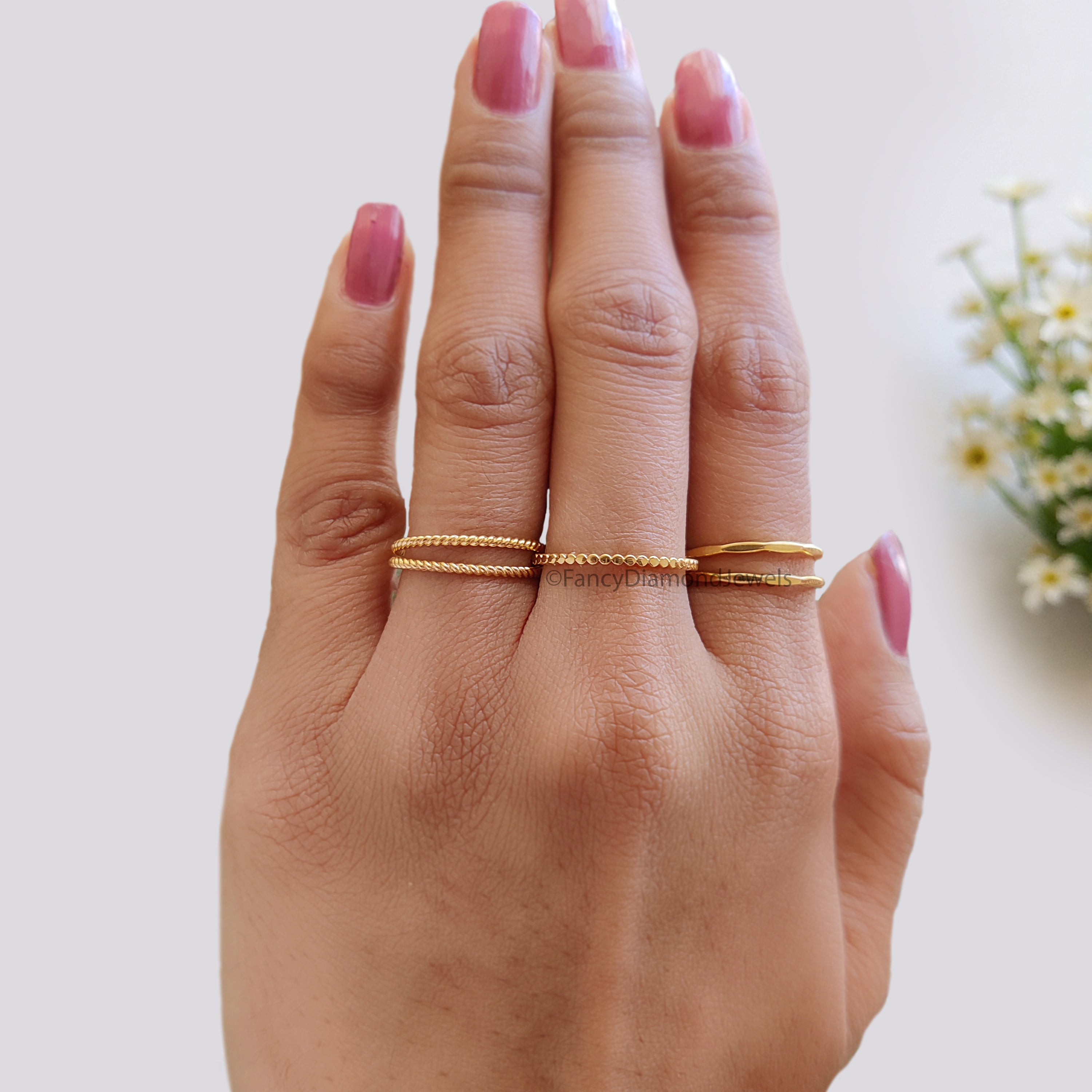 Handmade Filled Stackable 5 Rings Set Simple Wedding Band Yellow Gold Unique Wedding Band Minimal Dainty Stacking Band Gift For Her FD540