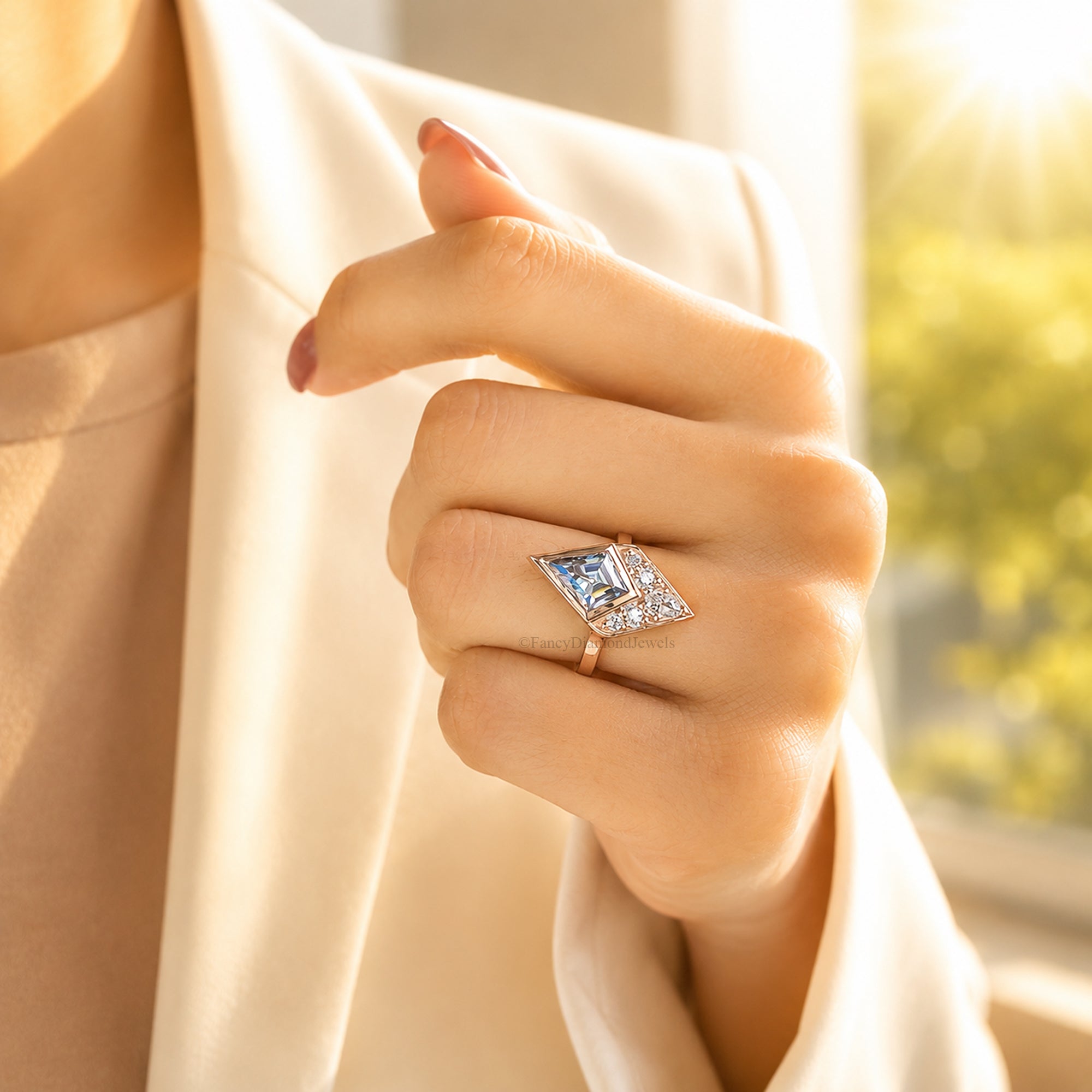 Gray Color Art Deco Ring Bezel Set Moissanite Bridal Ring Kite Shape Rose Gold Engagement Ring Gray Color Diamond Wedding Ring For Her FD576