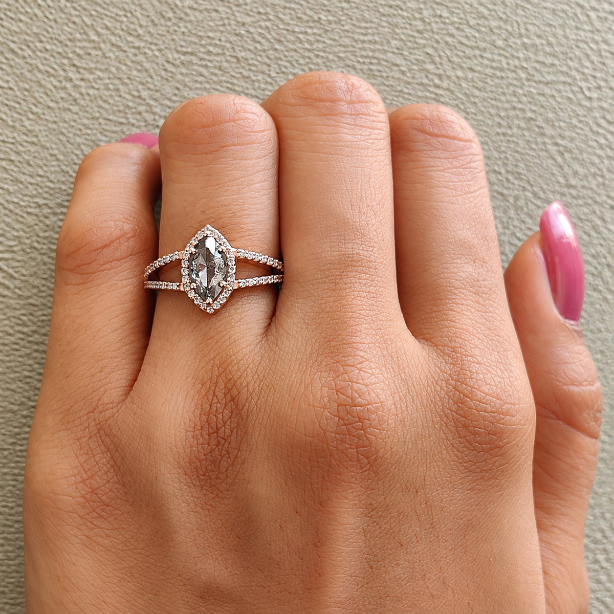 Marquise Salt and Pepper Diamond Engagement Ring, 14K Rose Gold Ring, Unique Geometric Diamond Ring, Minimalist Fine Jewelry Gift KDL3686
