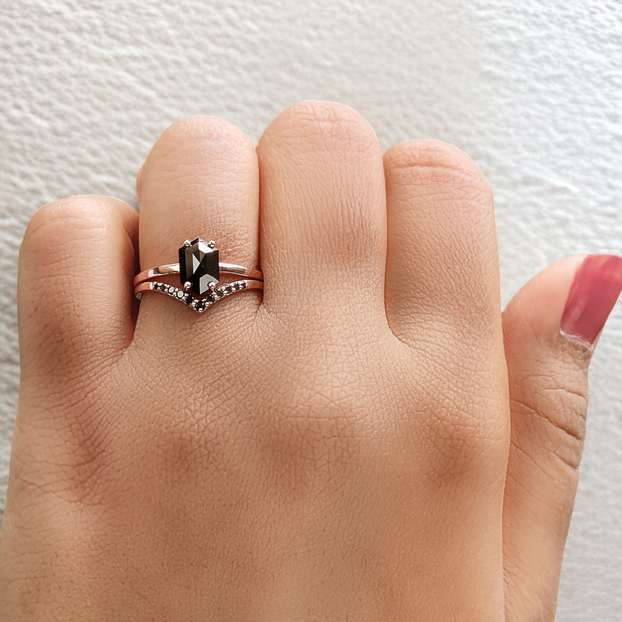 1.13 Ct Natural Hexagon Shape Black Color Diamond Ring 7.90 MM Hexagon Diamond Ring 14K Solid Rose Gold Silver Engagement Ring QL9082