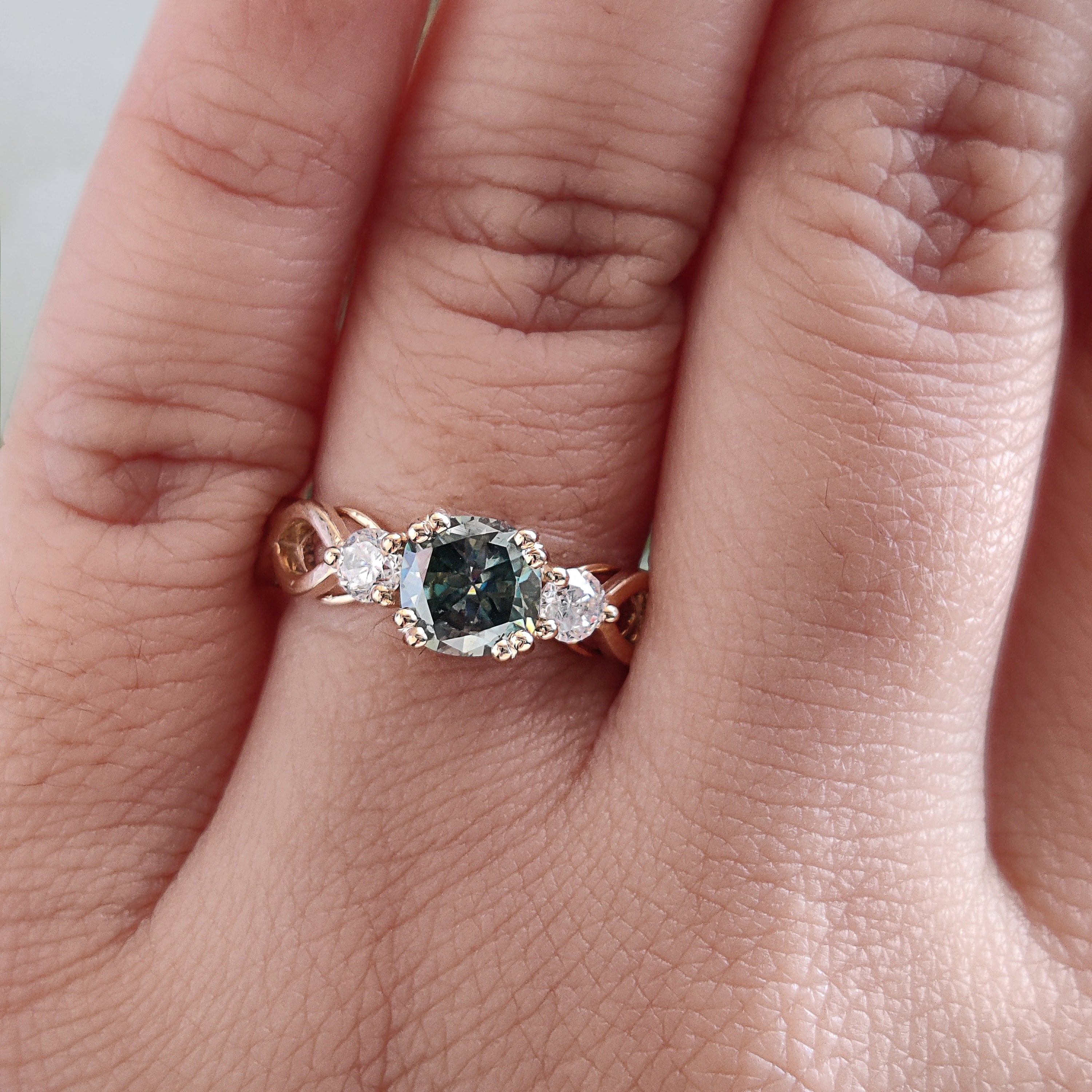 Cushion Cut Green Moissanite Engagement Ring 14K Solid Gold Ring Double Prong Set Ring Cushion Moissanite Wedding Ring Gift For Her FD467