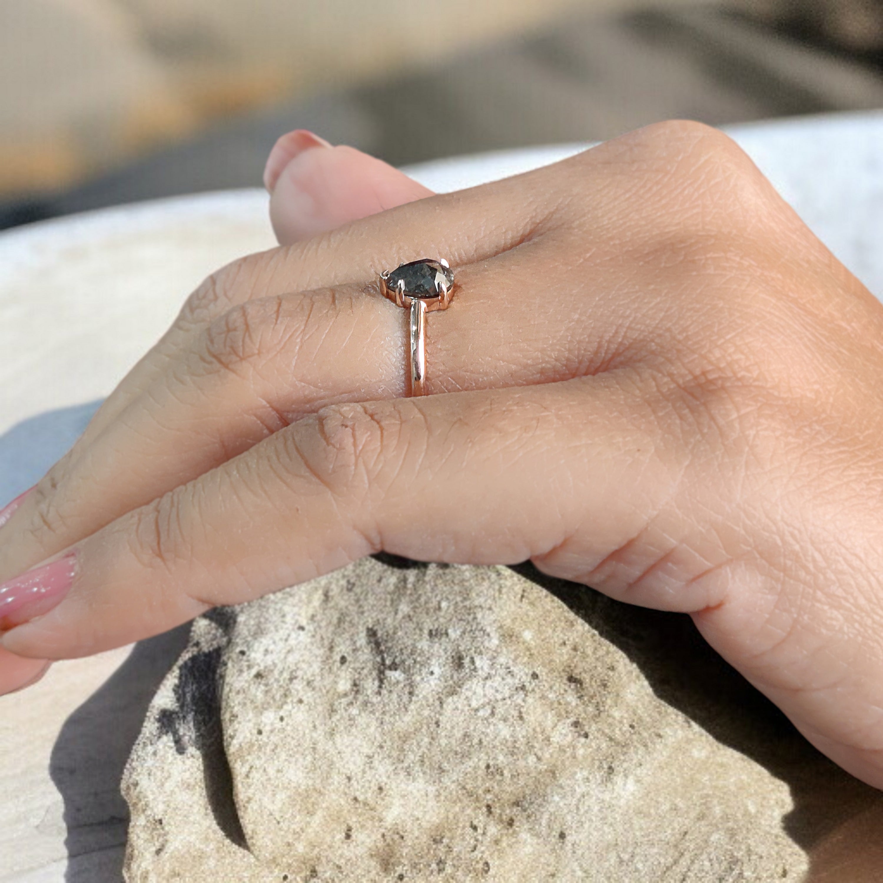 Pear Cut Salt And Pepper Diamond Ring 0.81 Ct 6.70 MM Pear Cut Diamond Ring 14K Solid Rose Gold Silver Engagement Ring Gift For Her KDL3352