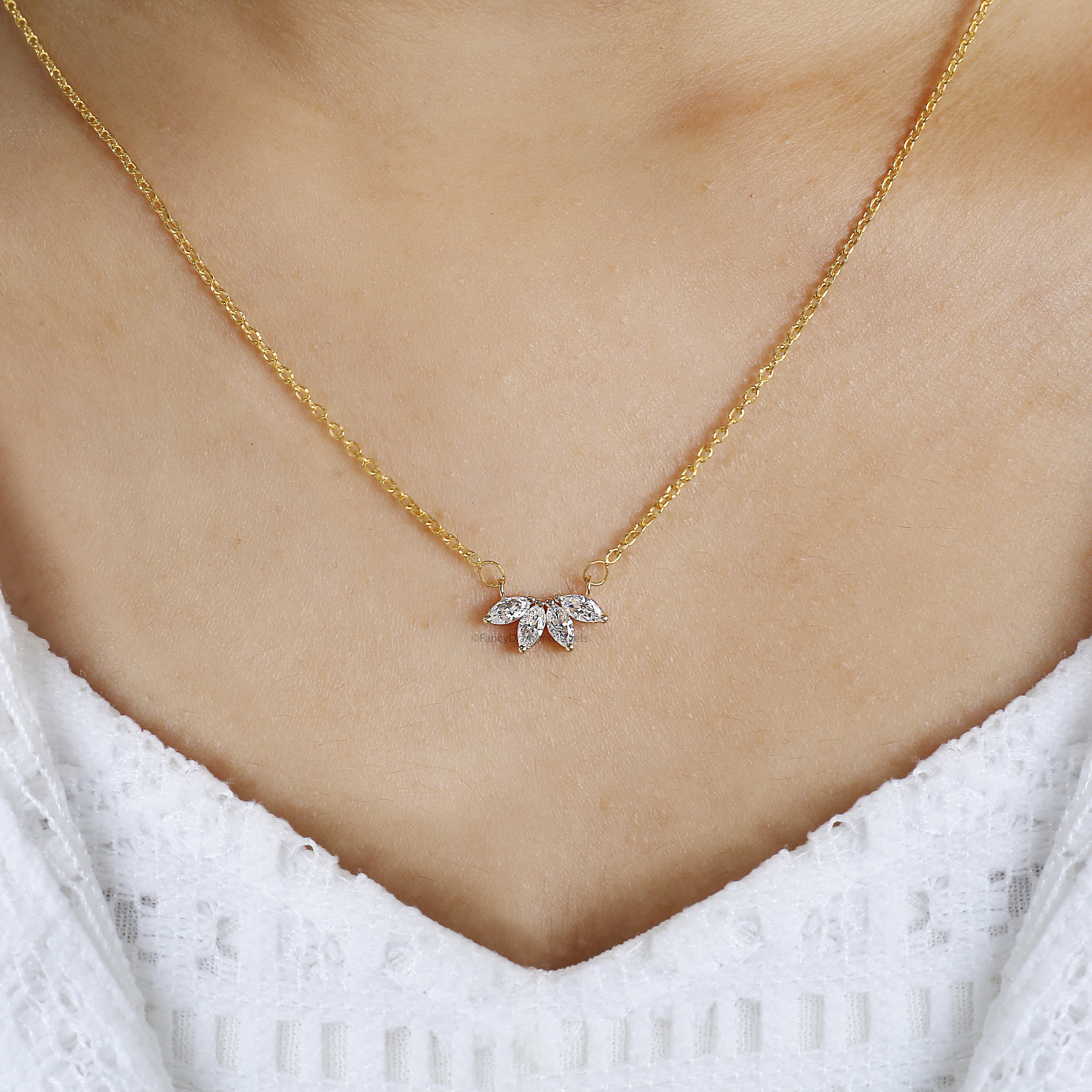 Marquise Cut CZ Diamond Flower Necklace Yellow Silver handmade jewelry Necklace Marquise Shape prong basket set Necklace With Chain FD481
