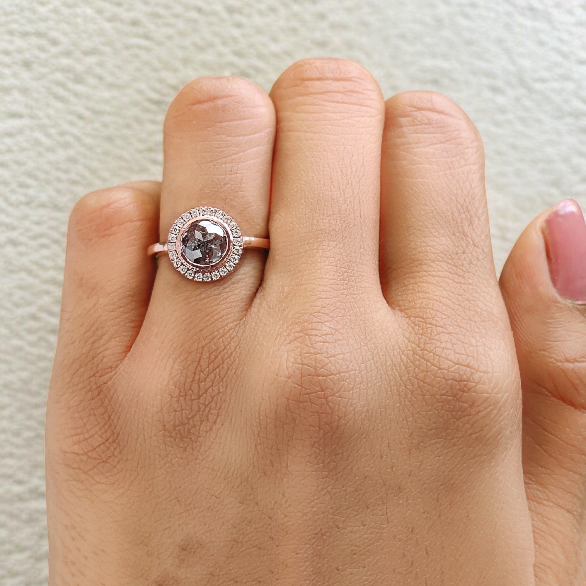 Round Rose Cut Salt And Pepper Diamond Ring 1.14 Ct 7.28 MM Round Diamond Ring 14K Rose Gold Silver Engagement Ring Gift For Her QL2590