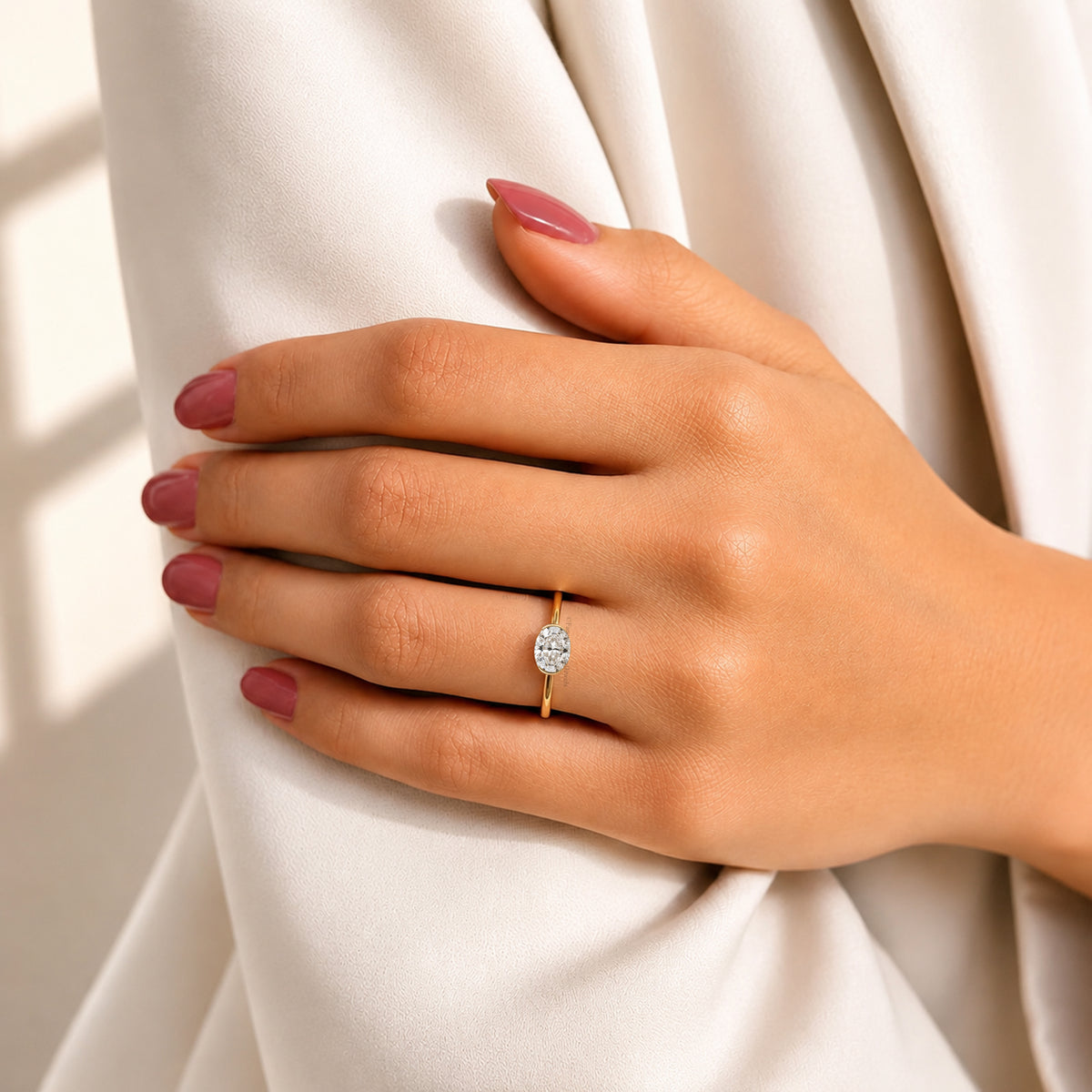Oval Shape Lab Grown Diamond Half Bezel Ring Solid Gold, Thin Dainty Ring, Oval Diamond Pinky Ring, Minimal Wedding Band Gift For Her FD564